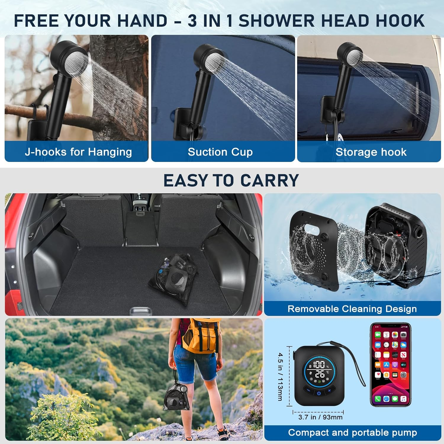 Portable Camp Shower, [8000Mah Long-Lasting] Spopal Rechargeable Shower for Camping with 20L Water Bucket, LED Display, Shower Head, Electric Shower Pump for Car & Pet Clean, Camping Hiking, Travel image number 6