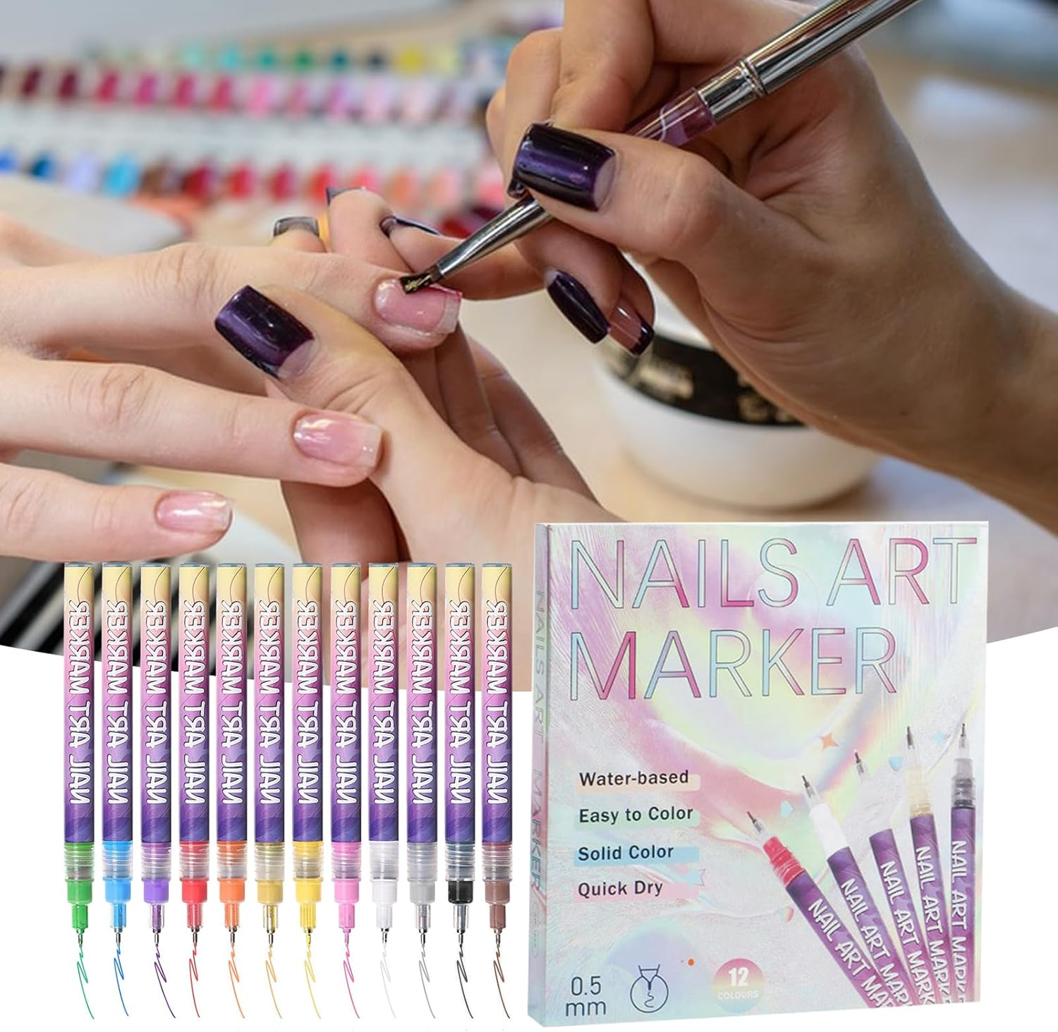 Nail Pens | Art Fast Drying Smudge Proof Liner - Gel Nail Paint Art Pens - for Kids Girls Women Beginner Fingernail Canvas Craft Salon Home Supplies image number 1