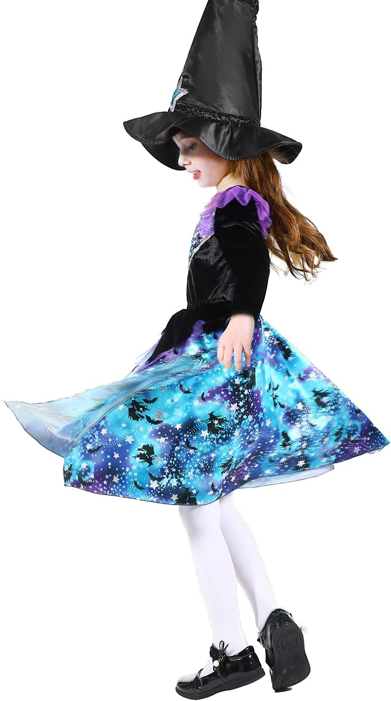 Children'S Halloween Witch Costume, Sparkling Blue Witch Dress with Hat, Halloween Witch Dress for Girls 7-8 Years