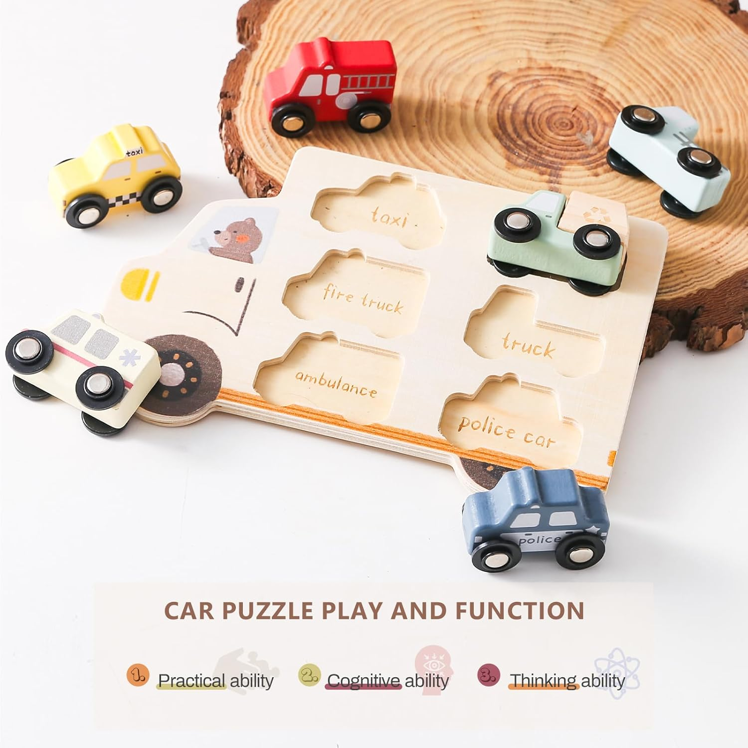 Wooden Cars Vehicle Set for Toddlers 1-3 Wooden City Cars and Trucks Toys for Boys Girls&rsquo; Educational Play image number 4
