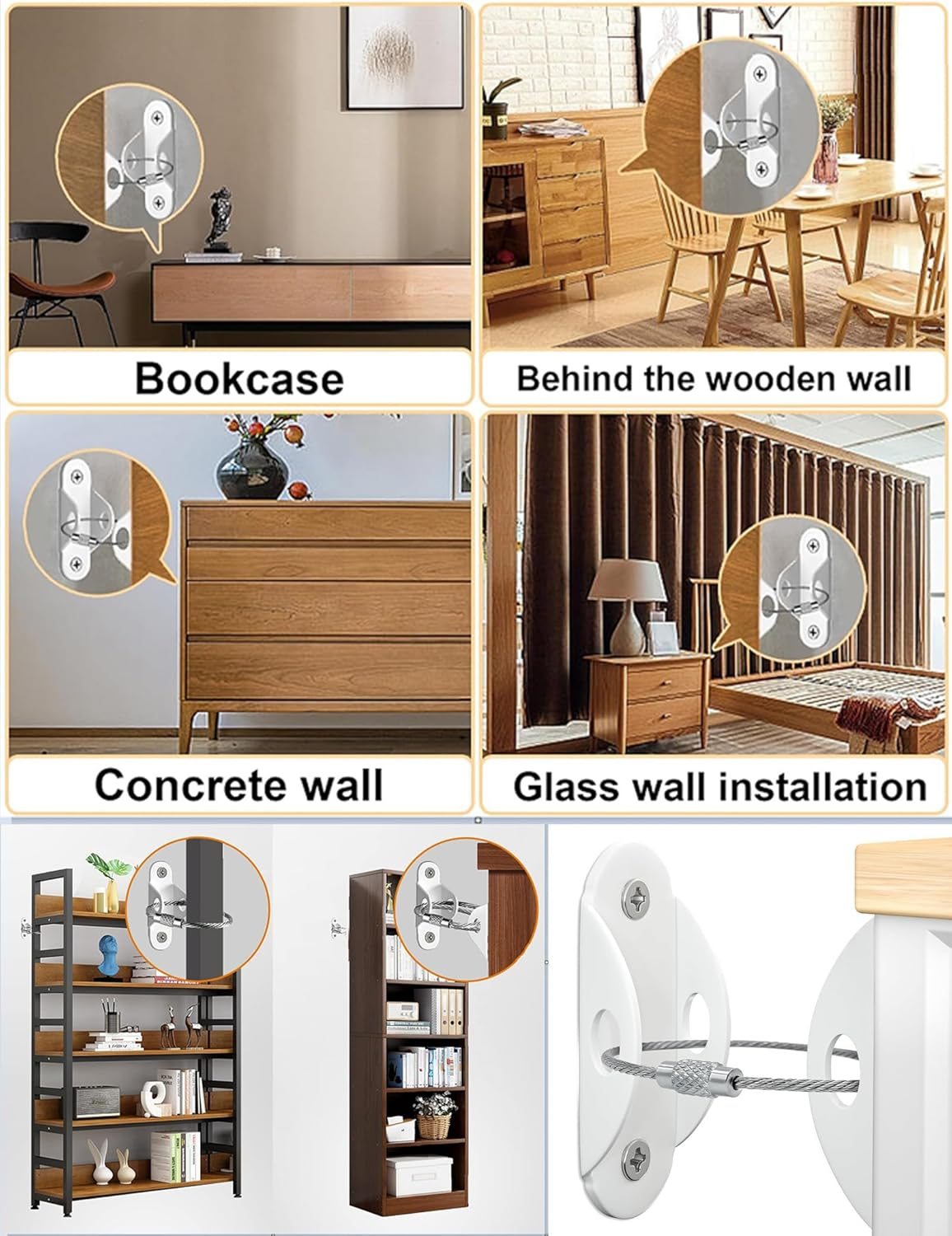 Furniture Wall Anchors 12 Pack, Baby Proof Anchors Stainless Steel anti Tip Furniture Straps, Black Furniture Anchors for Child Safety, Dresser Cabinet Bookshelf Anti-Tip Kit, DEMIBAZ - Silver image number 5