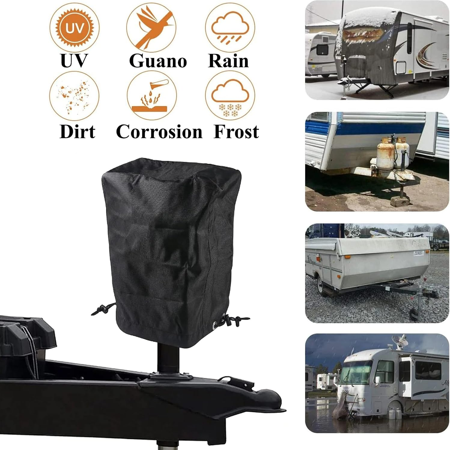 600D RV Electric Tongue Jack Cover,With Windproof Cord,Universal Trailer Jack Protective Tarpaulin Tarp Black Cover for Camper Travel Trailer Protector Parts Outdoor Accessories image number 3