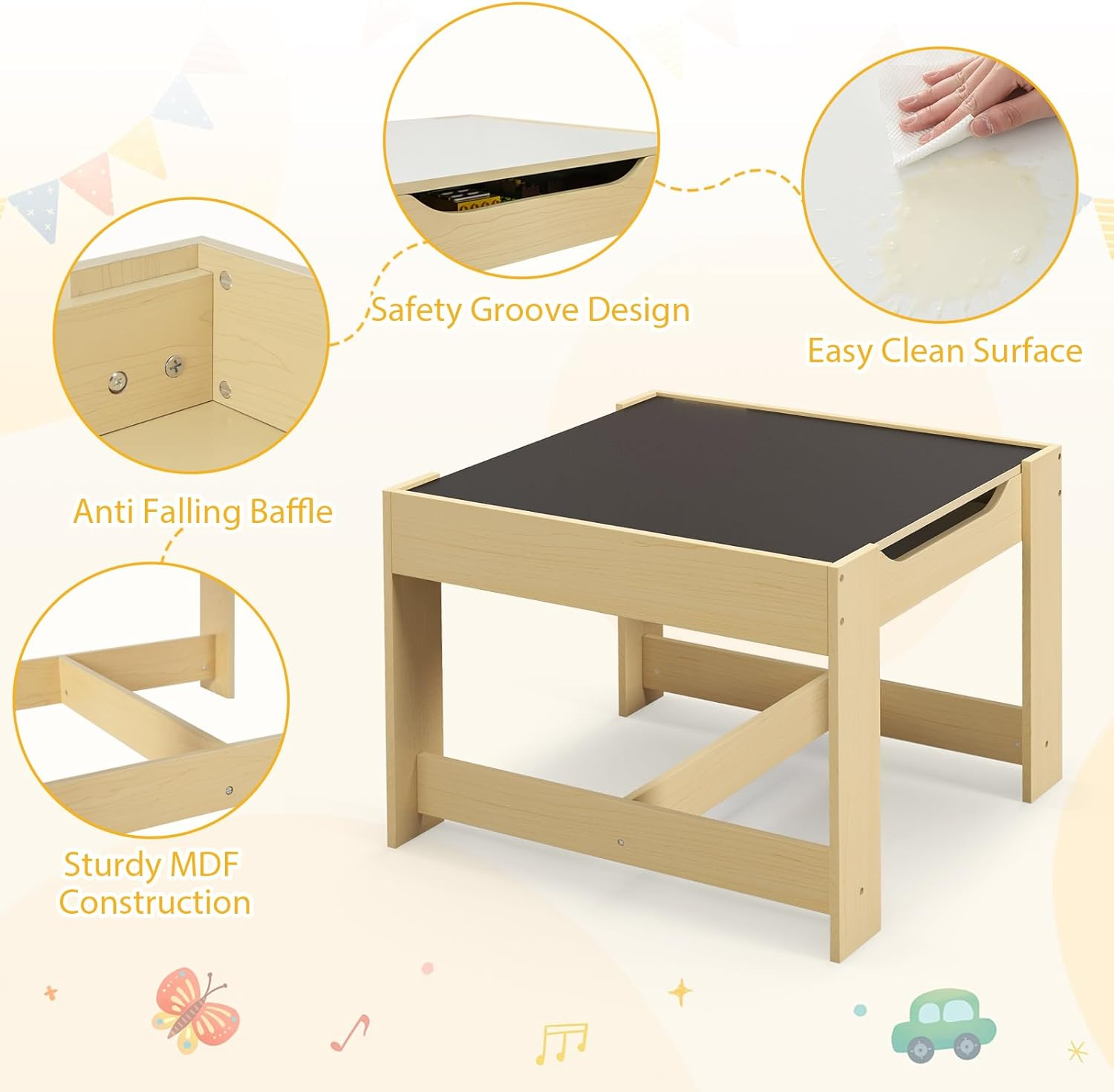 HONEY JOY 3 in 1 Kids Wooden Table & 2 Chair Set, Children Activity Table Desk Sets W/Storage Drawer, Detachable Blackboard, Toddler Table and Chair Set for Drawing, Eating, Reading (Natural) - Grey  Pink image number 2