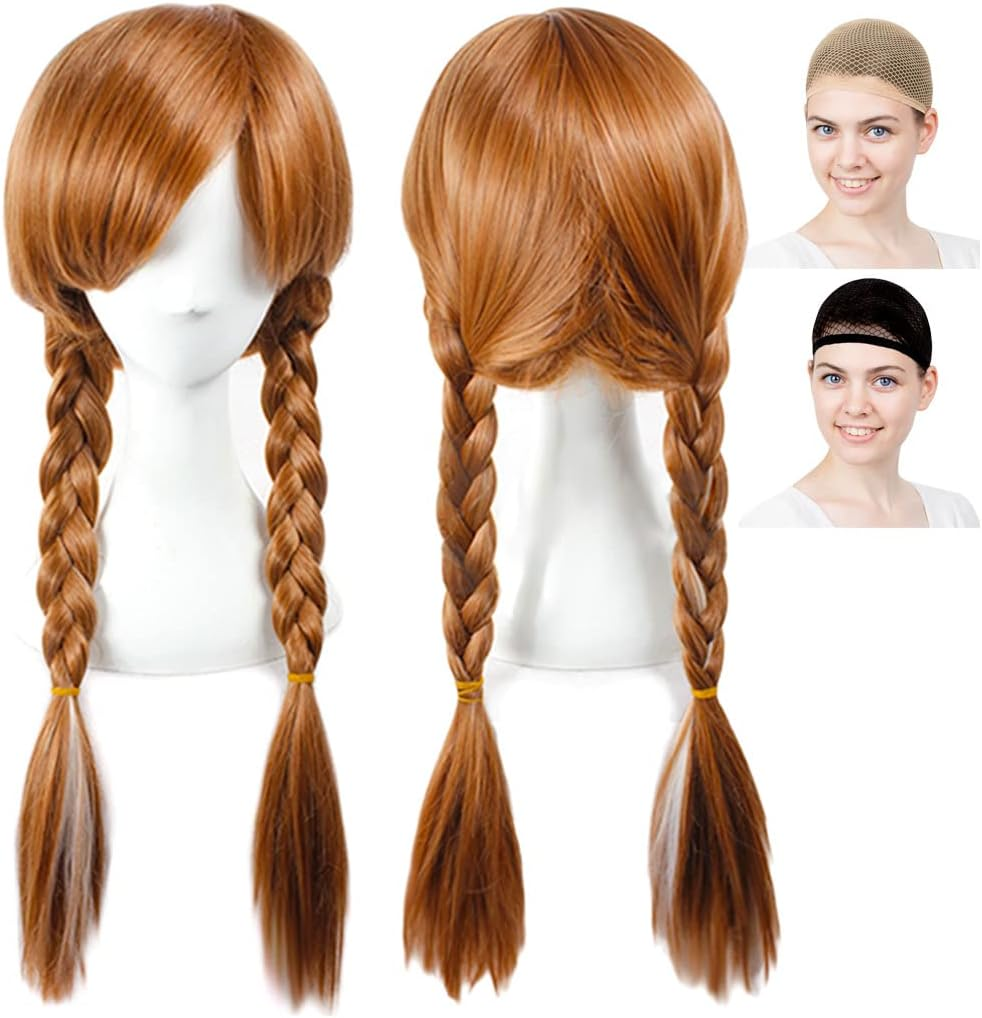 Caseeden Frozen Anna Braid Cosplay Wig, Long, Brown, White Mesh, Wig Net, Set of 2 image number 2