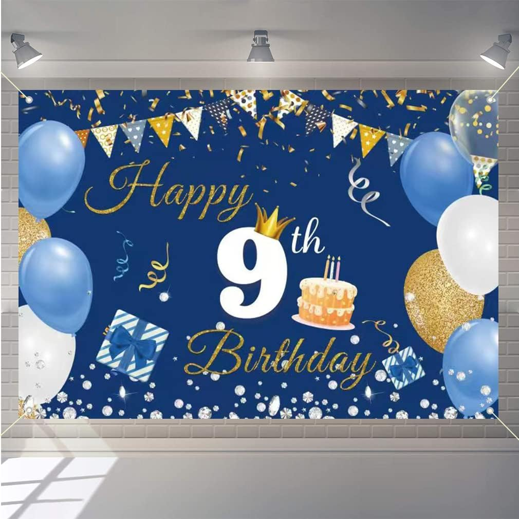 9Th Birthday Decorations for Boys Girls Happy 9Th Birthday Backdrop Banner Happy 9 Years Old Fabric Sign Poster, Blue Photography Background Ninth Birthday Party Supplies, 59"X35.4" image number 4