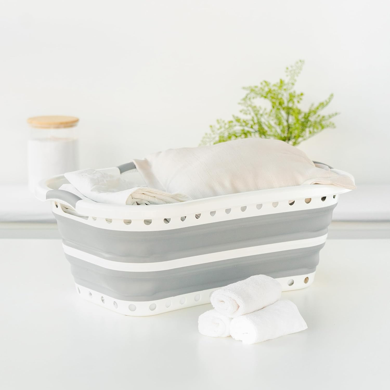 Seymour'S Collapse-A Hip Hug Laundry Basket 40L - White and Grey Space-Saving, Ergonomic Design for Easy Carrying and Storage image number 2