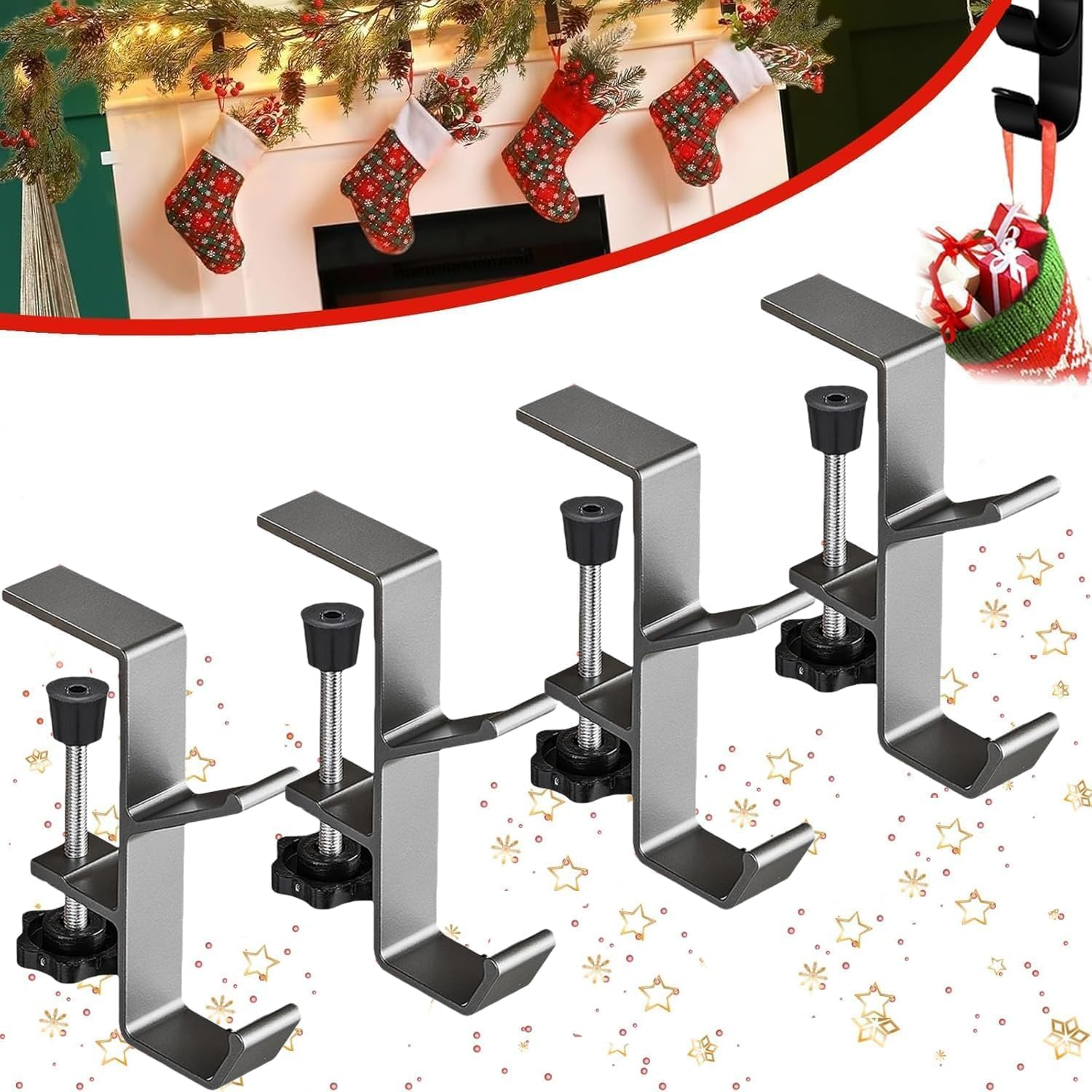 Fireplace Stocking and Garland Hanger, 2 in 1 Garland Stocking Hangers, Christmas Hooks Stocking Holders for Mantle Garland Hanger Mantle Hooks for Home Party Decoration (Black, 6Pcs)