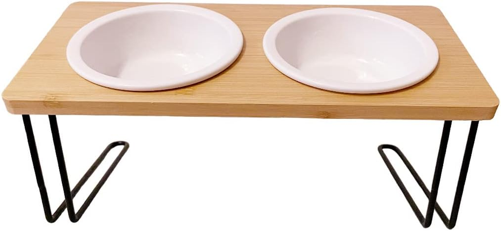 Feeding Bowl for Cats and Small Dogs Made of Bamboo and Metal, Inclined with Ceramic Bowls image number 4