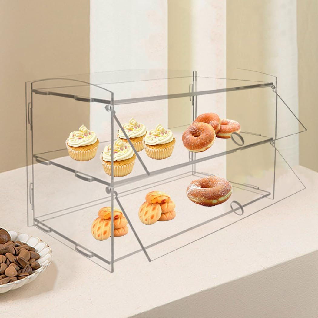 PORIYA 2 Tier Large Acrylic Bakery Cake Display,5Mm Thick Transparent,Cabinet Case Donuts Cupcake Pastries, Model Showcase Countertop Flip-Up Door image number 3
