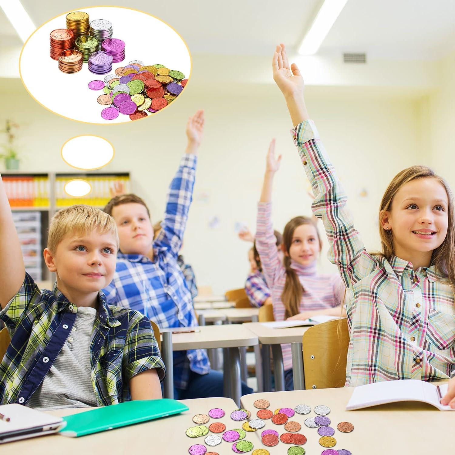 100 Pieces Plastic Coins I Was Caught Being Good Incentive Coins Colored Plastic Coins Tokens for Boys Girls Behavior Smile Face Coin Pretend Play Coin for Counting Halloween Party Christmas Reward image number 6