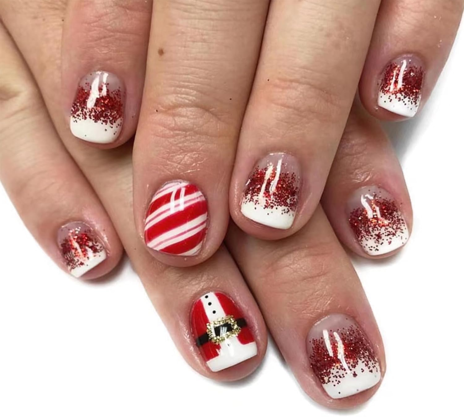 24PCS Christmas Press on Nails,Cute Xmas Short Fake Nails with Shinny Glitter,Green Fingernails with Christmas Elements Design,Unique Square Glossy Full Cover False Nails for Women or Girls