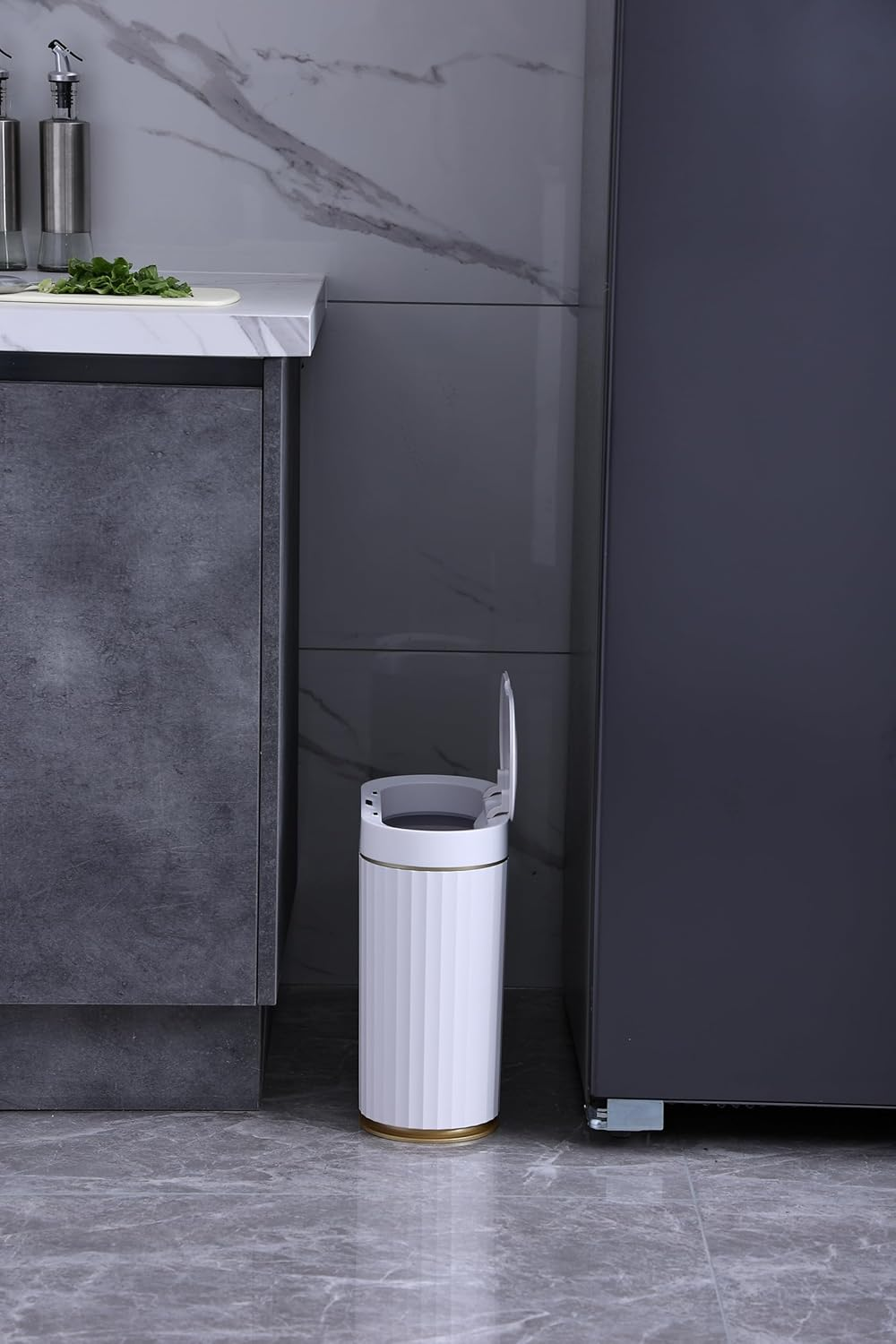 ELPHECO 2.5Gallons Sensor Bin with Lid Automatic Open Touchless Rubbish Bin for Bathroom Kitchen White and Gold image number 3