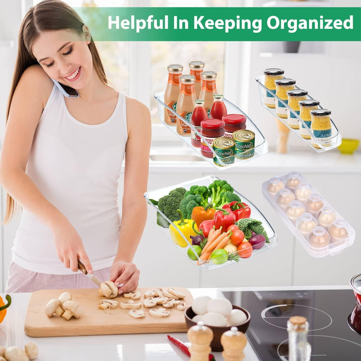 10 Pack Fridge Organizer, Clear Plastic Refrigerator Storage with Egg Holder, Pantry Storage Containers for Kitchen Cabinets, Countertops, Fridge Storage for Fruit Cans Drinks Fridge Organizer