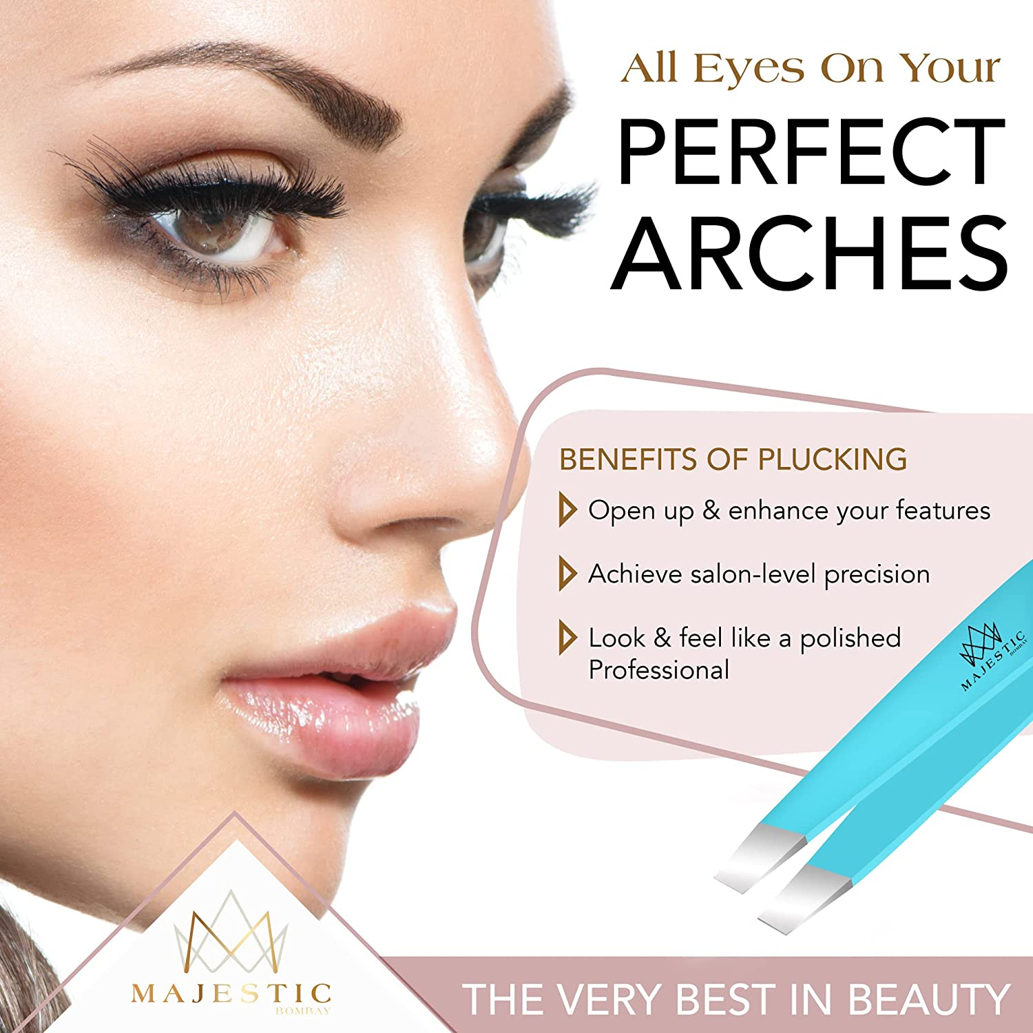 Majestic Bombay Fine Point + Slant Tweezers for Women and Men &ndash; Splinter Ticks, Facial, Brow and Ingrown Hair Removal&ndash;Sharp, Needle Nose, Surgical Tweezers Precision Best Tweezers for Chin Hair - Silver image number 3