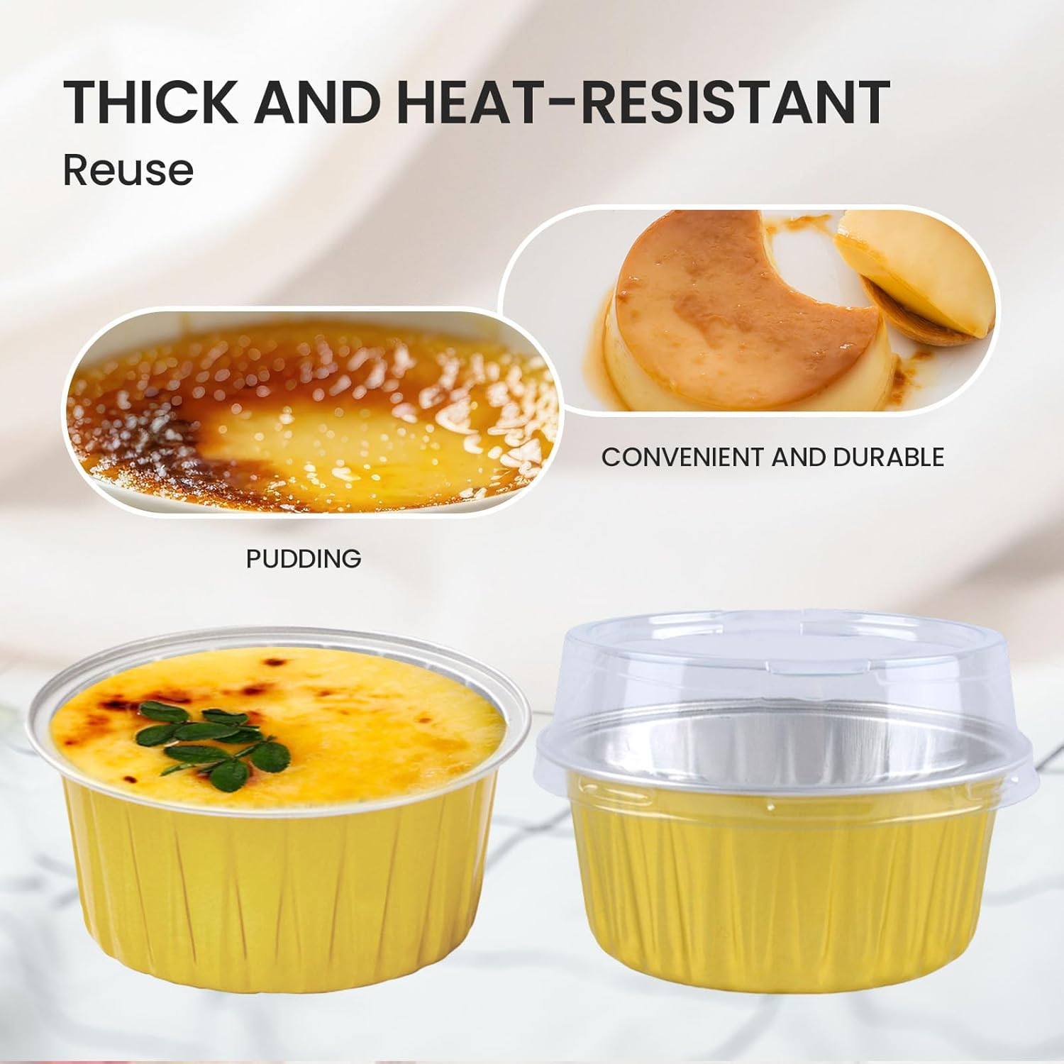50 Pcs 5Oz Reusable Aluminum Foil Cupcake Baking Cups Mini Dessert Pudding Cups with Lid Oven Safe Baking Containers Perfect(Gold) image number 3