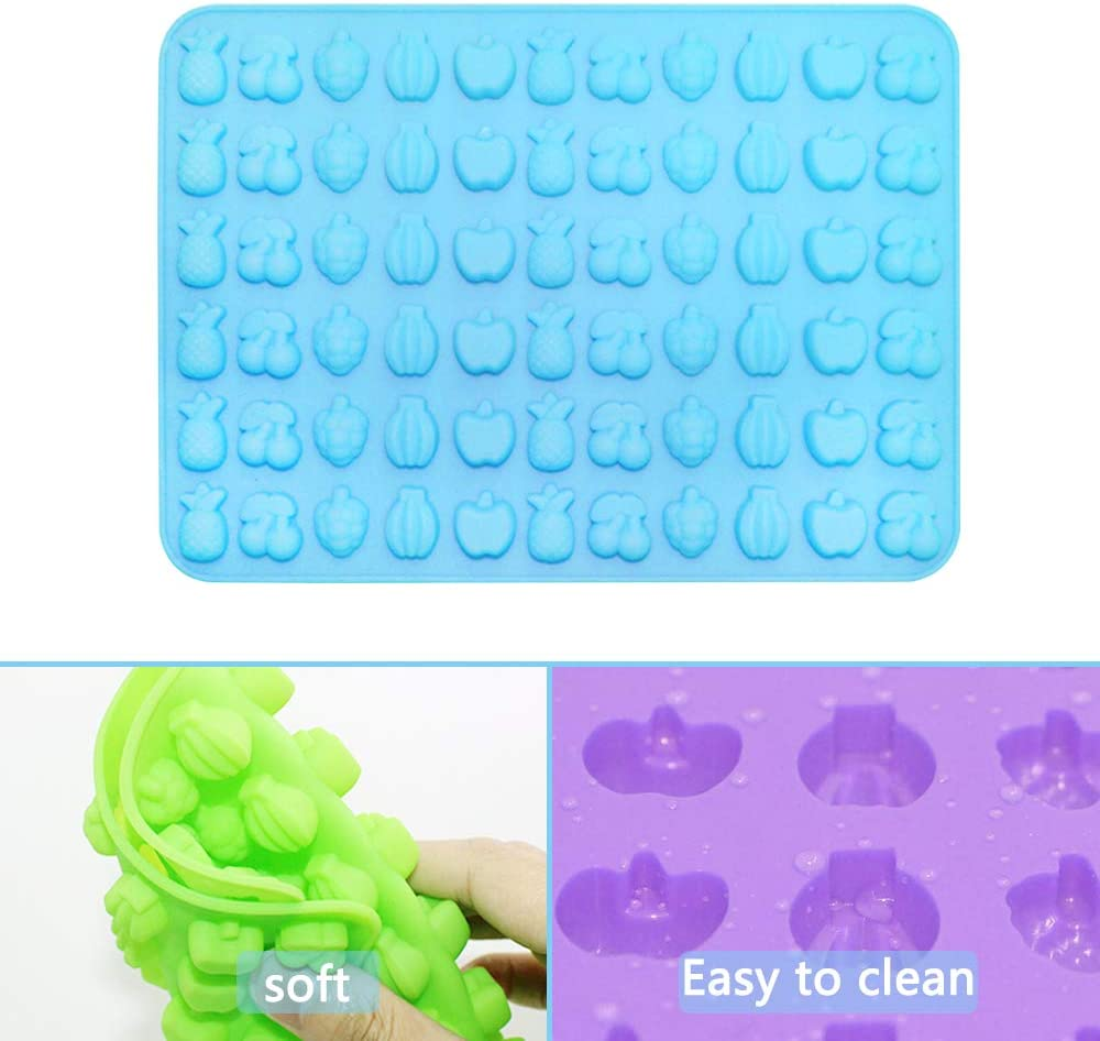 Silicone Candy Molds，Afunta 4 Pcs 66-Cavity Non-Stick Mini Fruit Silicone Gummy Mold with 4 Pcs Dropper for DIY Gummy, Ice, Jelly, Chocolate, Candy - Green,Blue,Pink,Purple