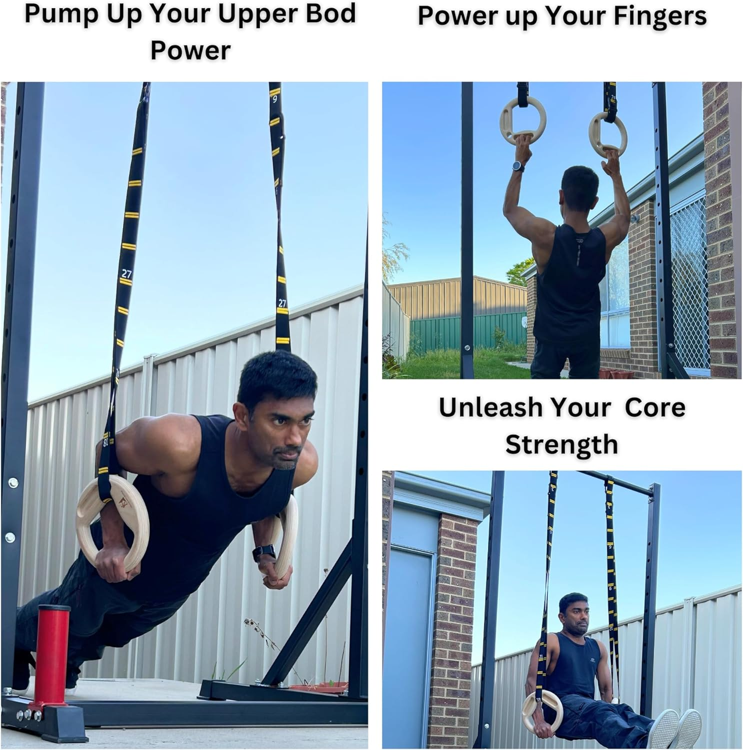 Wood 32Mm Gymnastic Rings with Finger Training Hangboard and Adjustable Numbered Straps | Olympic Rings for Core Workout, Crossfit, Bodyweight Training | Portable Climbing Training Board image number 1