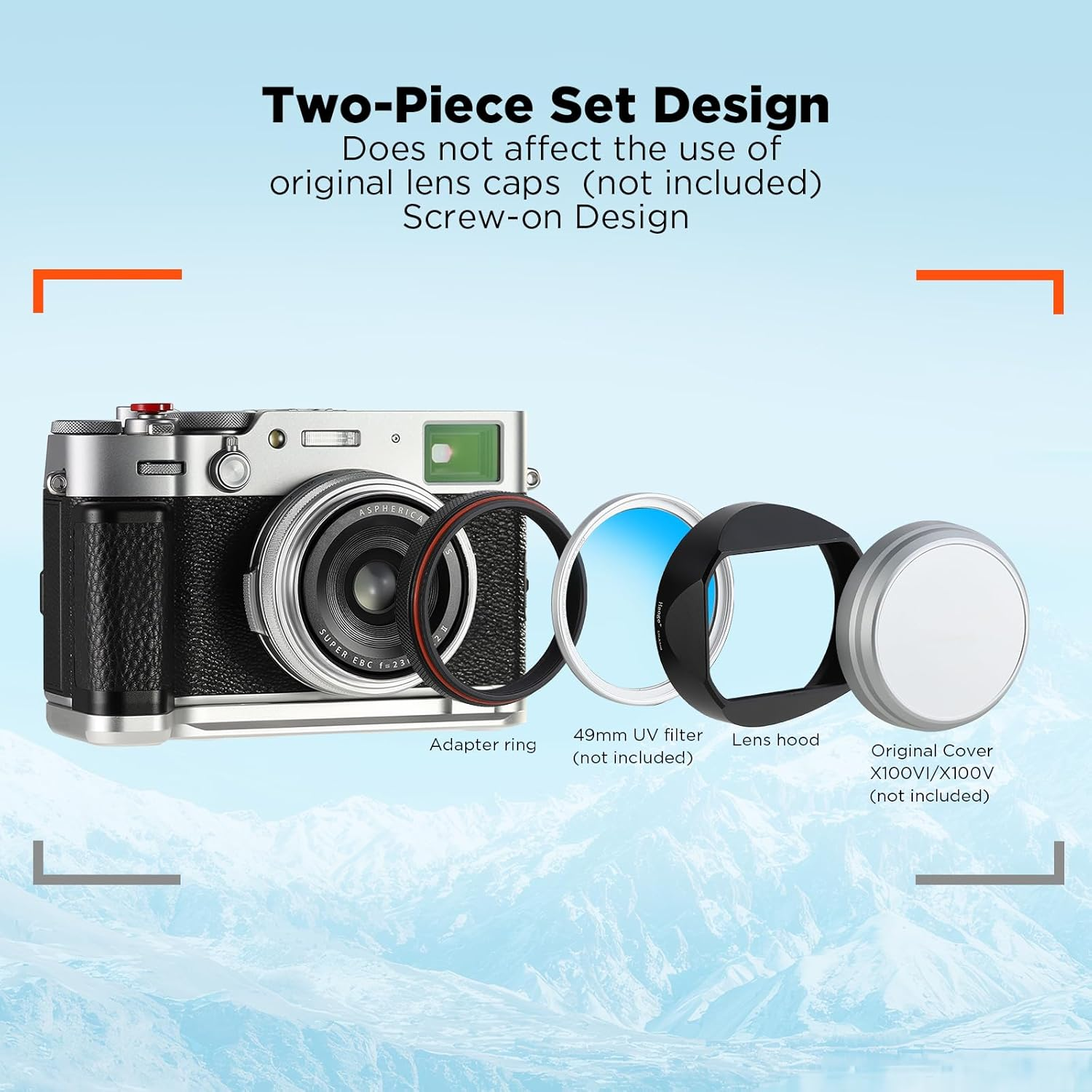 Haoge LH-X54B Square Metal Lens Hood with 49Mm Adapter Ring for Fujifilm X100VI Fuji X100V Camera Black - Black image number 2