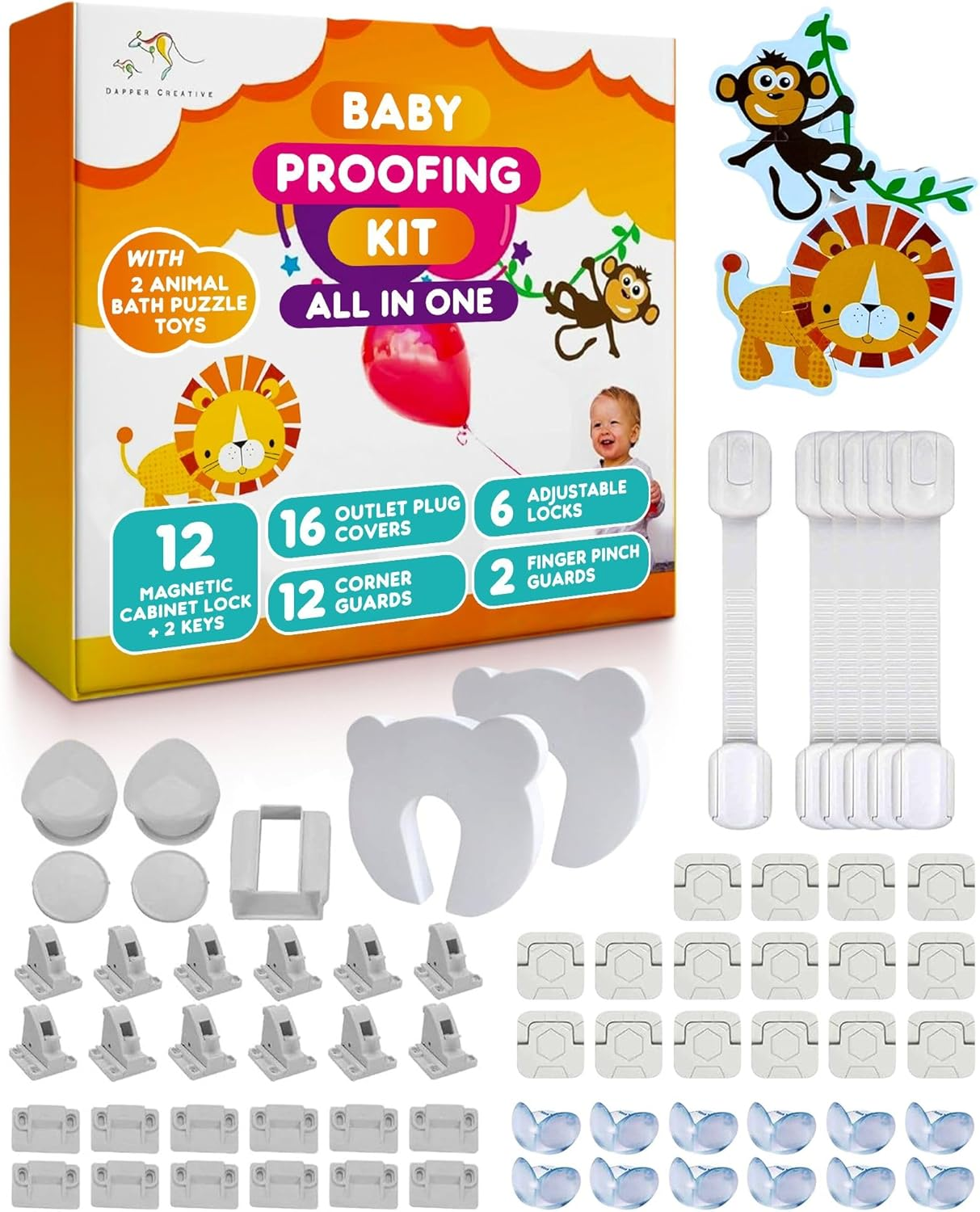 Baby Proofing Kit 67Pcs All in One Includes Magnetic Cabinet Locks for Baby Proofing, Corner Bumper Protectors, Child Safety Strap Locks, Power Point Outlet Covers, Finger Pinch Guards & Bath Toys image number 5