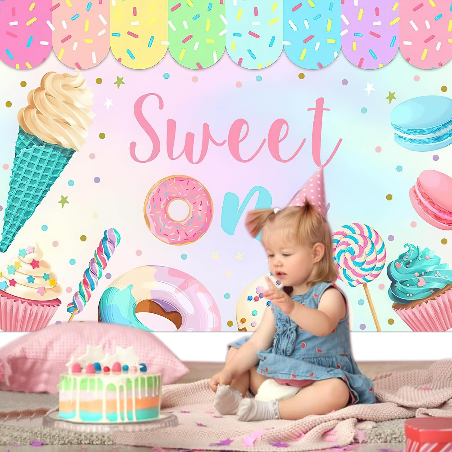 Bicuces Ice Cream Backdrop Ice Cream Party Decorations Sweet One Backdrop Sundae Happy Birthday Banner Summer Photo Booth Photography Background for Sprinkles Birthday Decorations image number 2
