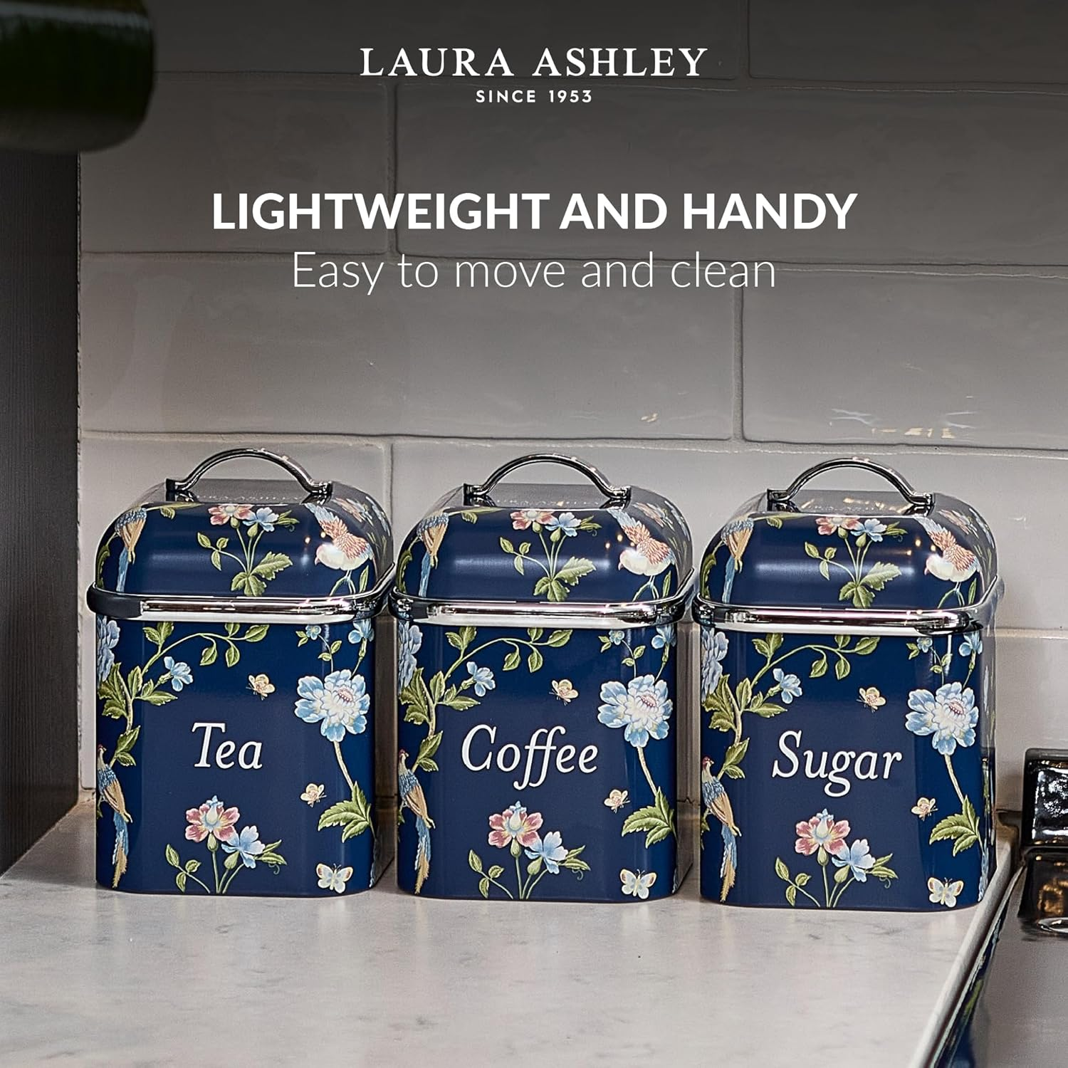 Laura Ashley Tea Coffee Sugar Canisters Set of 3 by VQ - Easy to Clean Stainless Steel Containers with Lid - Stylish Printed Kitchen Storage & Organisation Containers - Elveden Navy