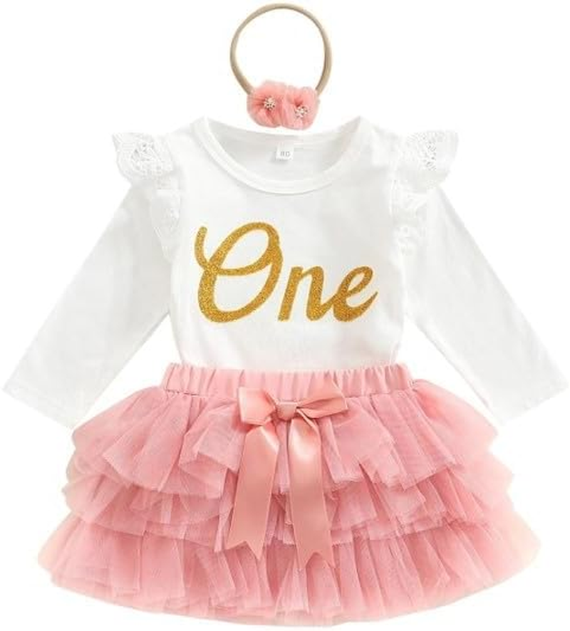 Baby Girl First 1St Birthday Cake Smash 3 Piece Outfit Set - Onesie + Tulle Skirt + Headband image number 1