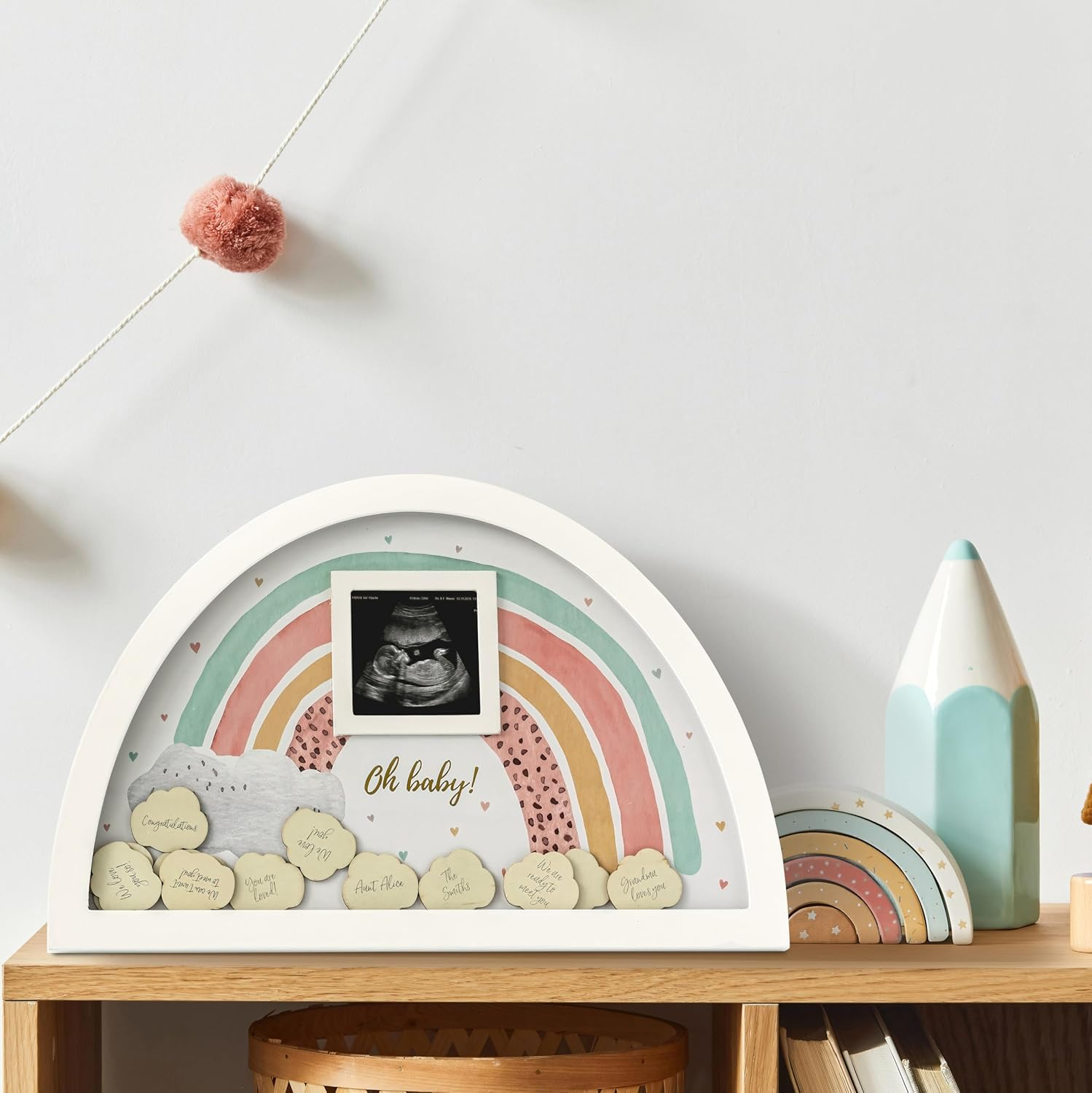 Kate Aspen Boho Baby Shower Guest Book Alternative Rainbow Frame with 30 Wooden Clouds, Frame for Sonogram Picture, Rainbow Baby Shower Decorations & Keepsake, Nursery Decor - Oh Baby image number 4