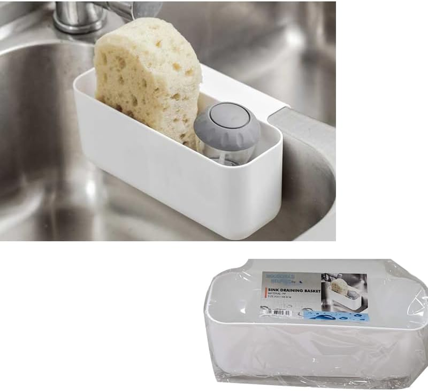 [2PCS] LYLAC Kitchen Sink Organiser Caddy,Sink DRAINING Basket White Plastic, 20 X 11 X 8.5 Cm, Sponge and Soap Holder