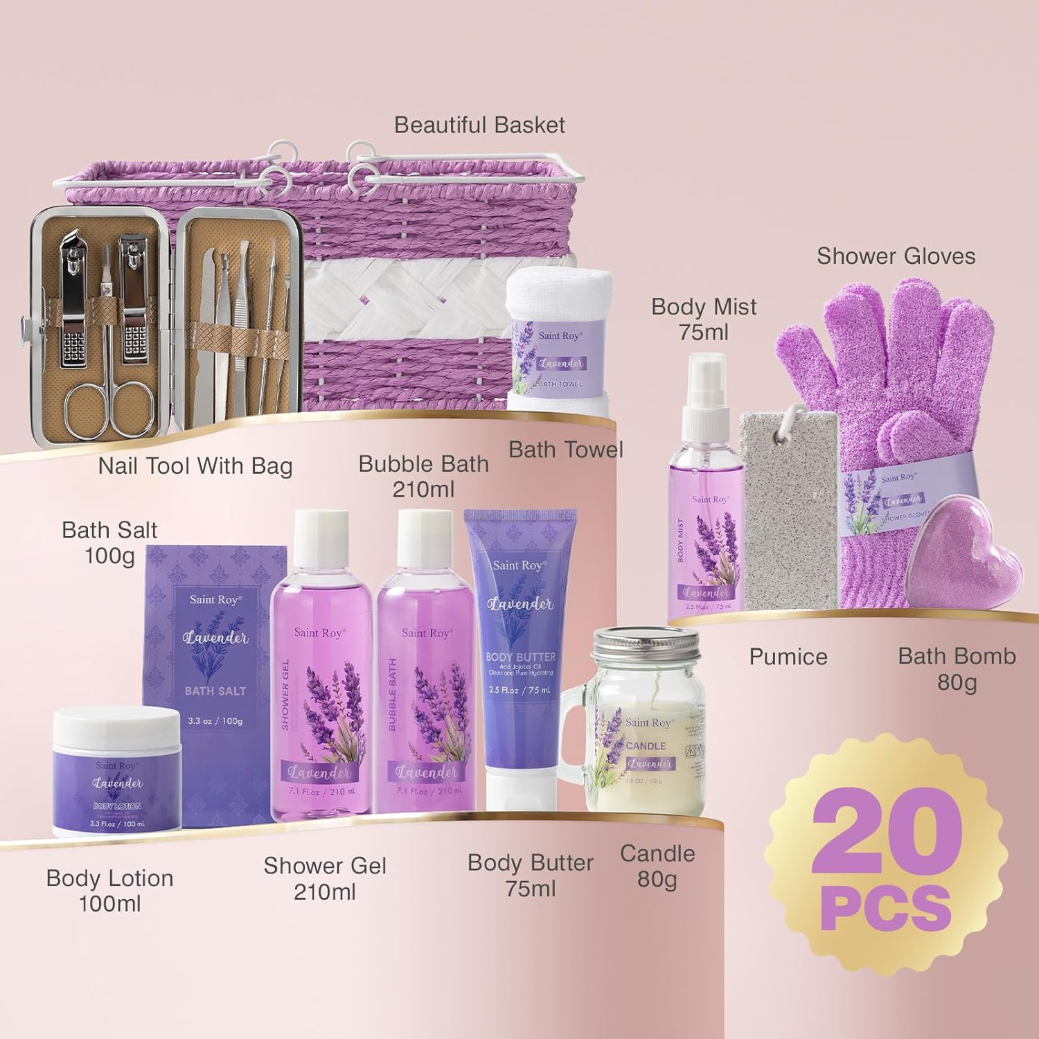 Bath Gift Basket for Women & Men, Luxury Self Care Home Spa Kit Lavender Bath Gift Basket 20Pcs Includes Nail Clippers Set, Pumice Stone, Bath Bomb, Candle, Bath Gloves & More Christmas Spa Gifts Mom image number 3