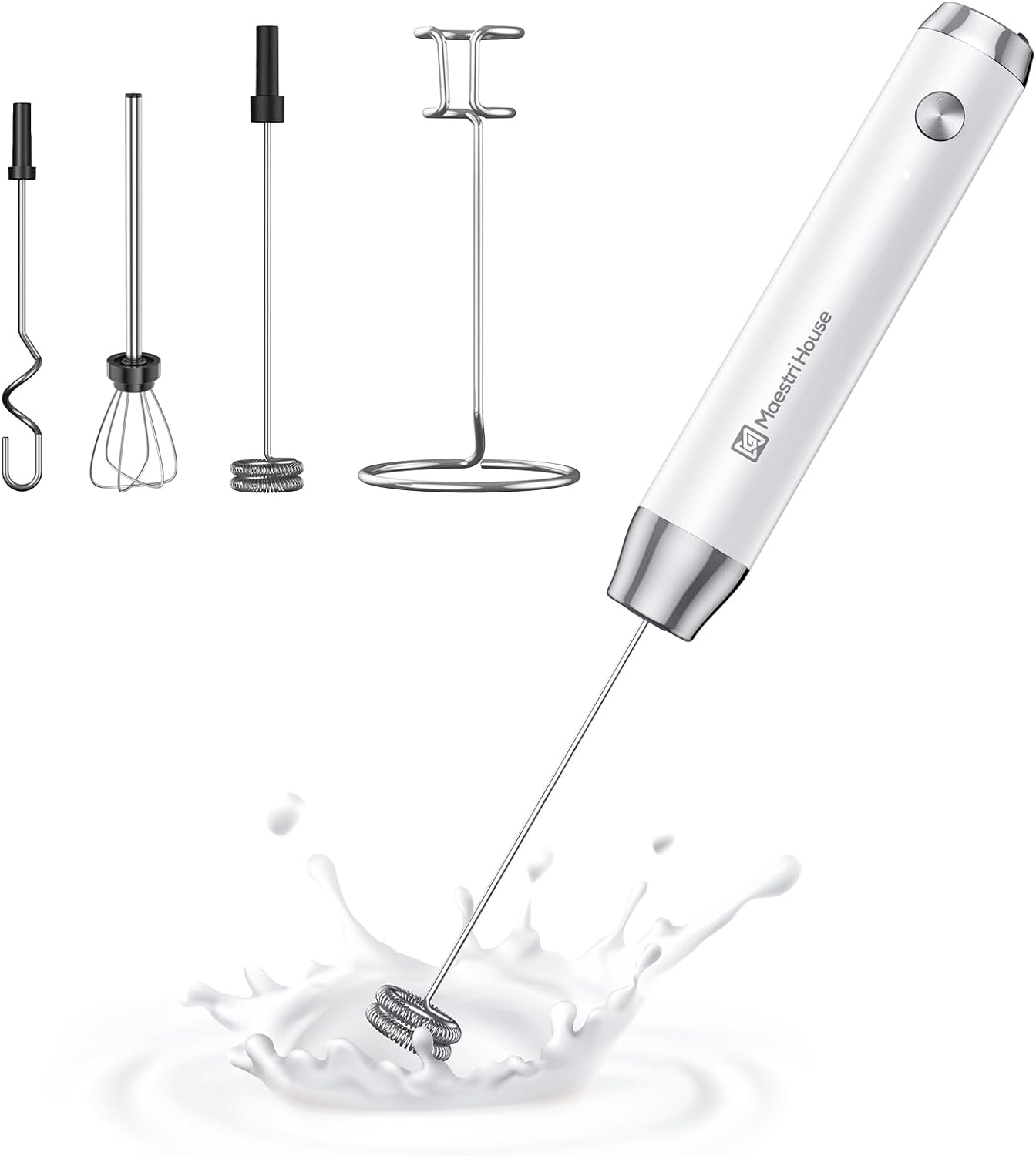 Maestri House Rechargeable Milk Frother with 3 Heads, Lunafro as Handheld Electric Foam Maker Waterproof Detachable Stainless Steel Whisk Drink Mixer Foamer with Stand for Lattes, Cappuccino, Egg