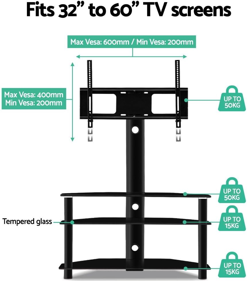 Artiss 32-60 Inch TV Stand, Adjustable Tvs Mount Bracket Storage Shelf Universal Mounting Brackets Floor Stands Home Entertainment Office Bedroom, with 3 Tier Shelves Black image number 5