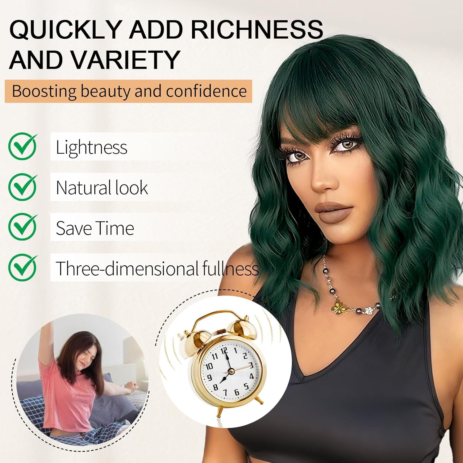 Short Bob Wig with Bangs Dark Green Loose Wave Wigs Shoulder Length 14Inch for Women Colorful Costume Wig Heat Resistant Fiber Hair for Daily Party Halloween Cosplay Use(313A#Darkgreen)