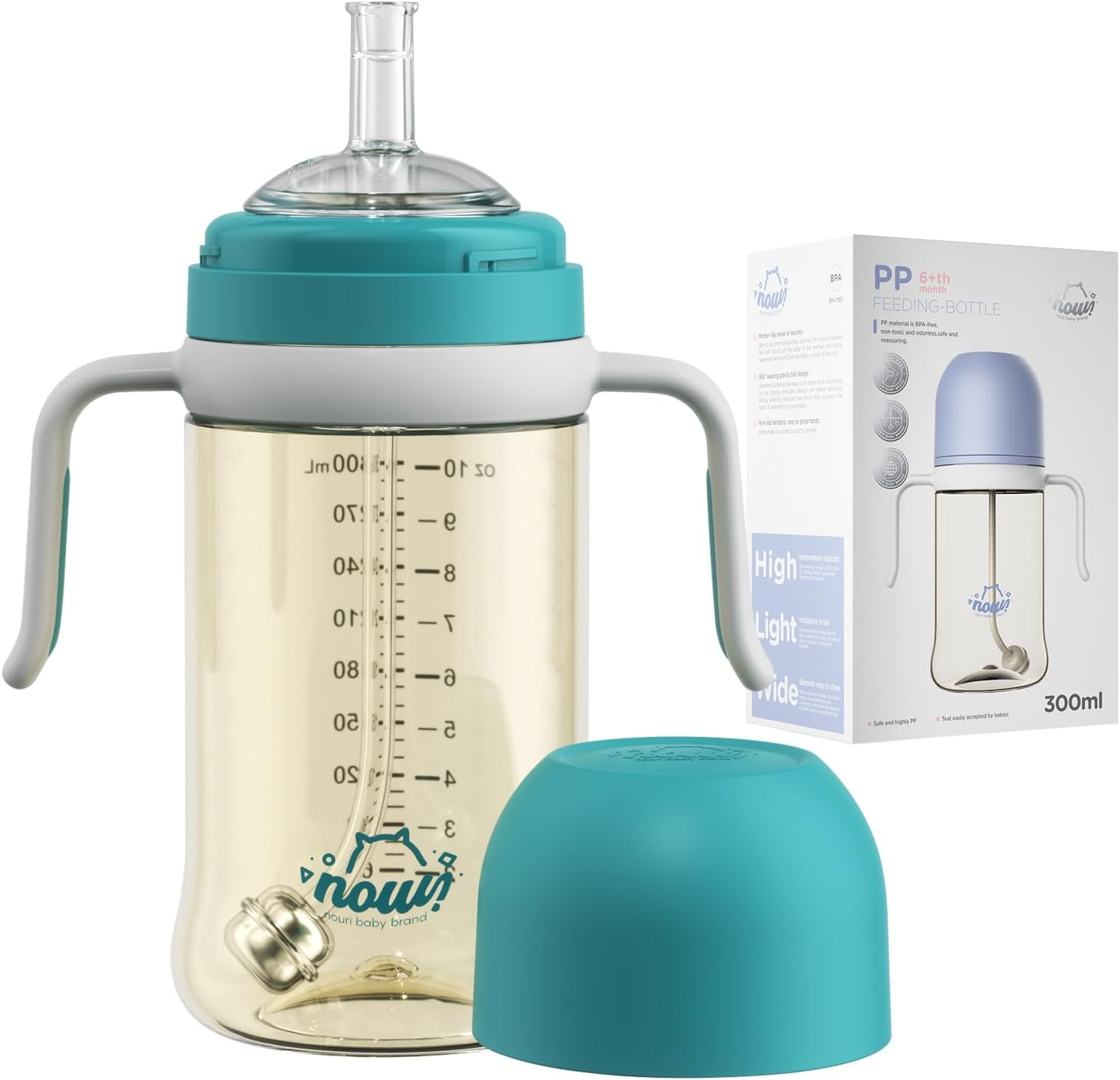 Nouri Training Cup with Weighted Straw Anti-Colic Leak-Proof Toddler Cups Sippy Cup with Straw Handle for Baby and Toddlers 10Oz/300Ml Spill Proof No Spill Magic Baby Bottle for 6 Month+ Drinking