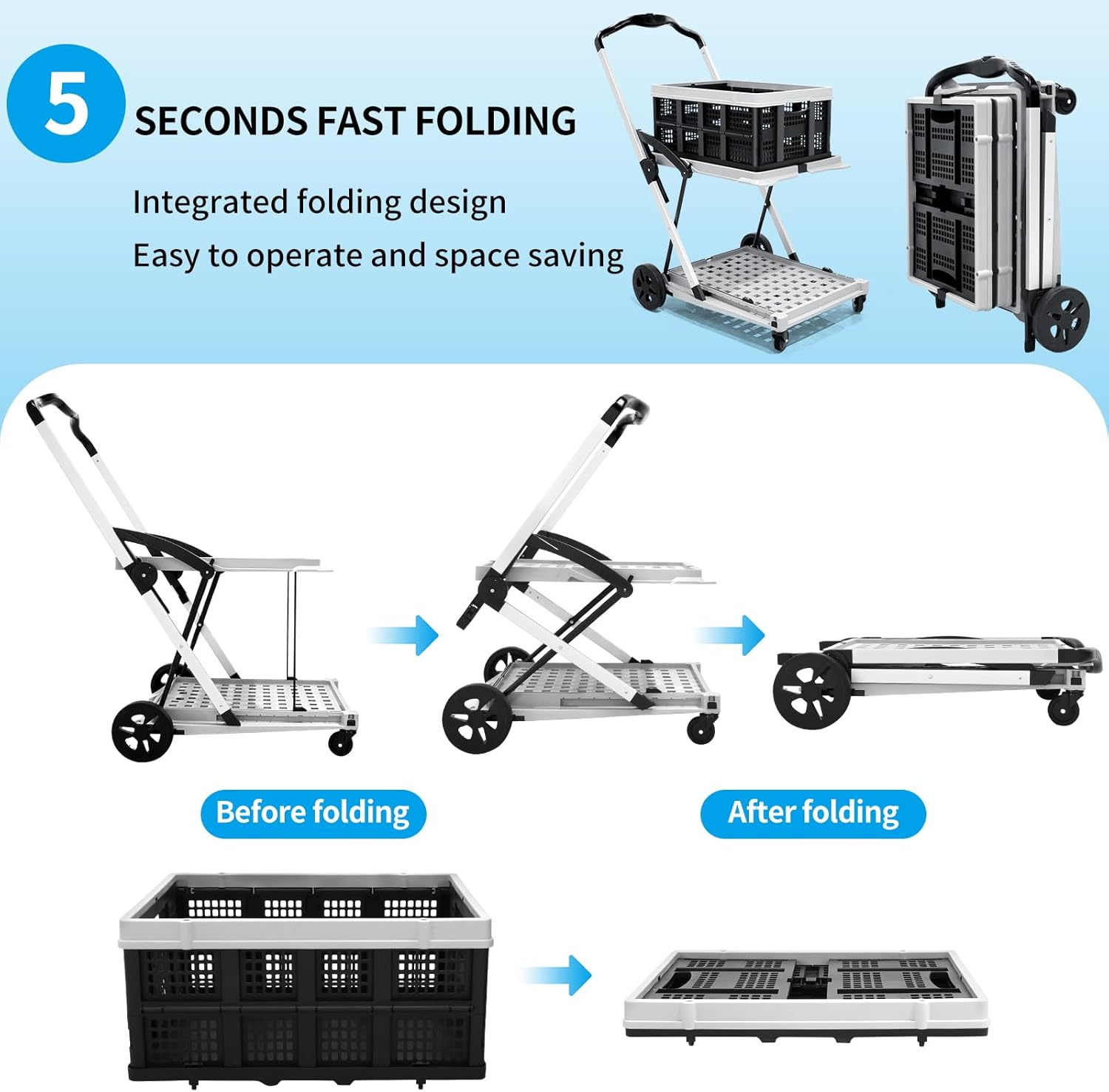 SNSUTY Folding Shopping Cart, 30 19 44 In, 200 Lbs Multi Functional Collapsible Carts with 2 Storage Crates, Folding Trolley with Wheels, Double Layer Portable Trolley for Supermarket, Office（Gray） image number 4