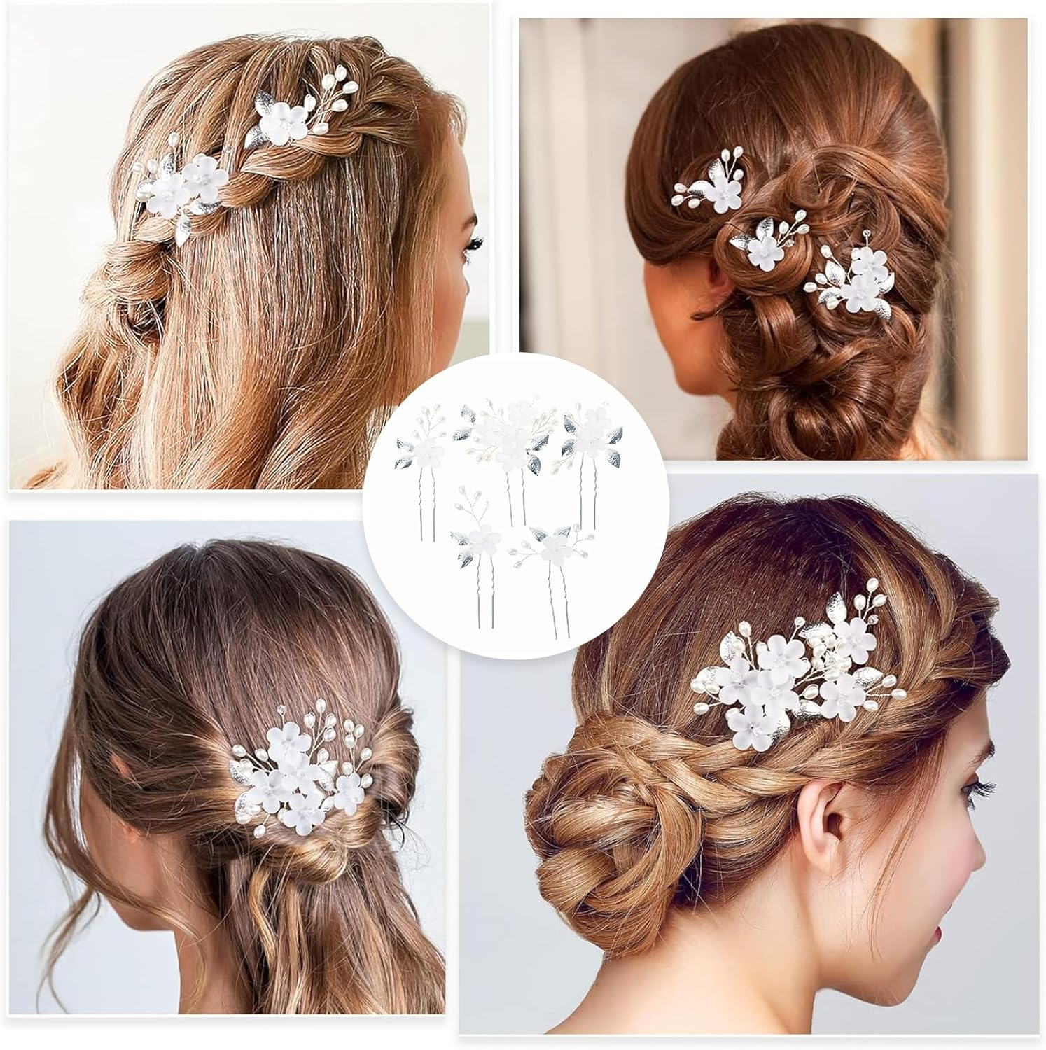 Bridal Wedding Flower Hair Pins Xlwen Pack of 5 Bridal Hair Accessories, U-Shaped Bridal Pearls Hair Pins, Hair Accessories, Wedding Set for Bride and Bridesmaid (Silver) image number 3