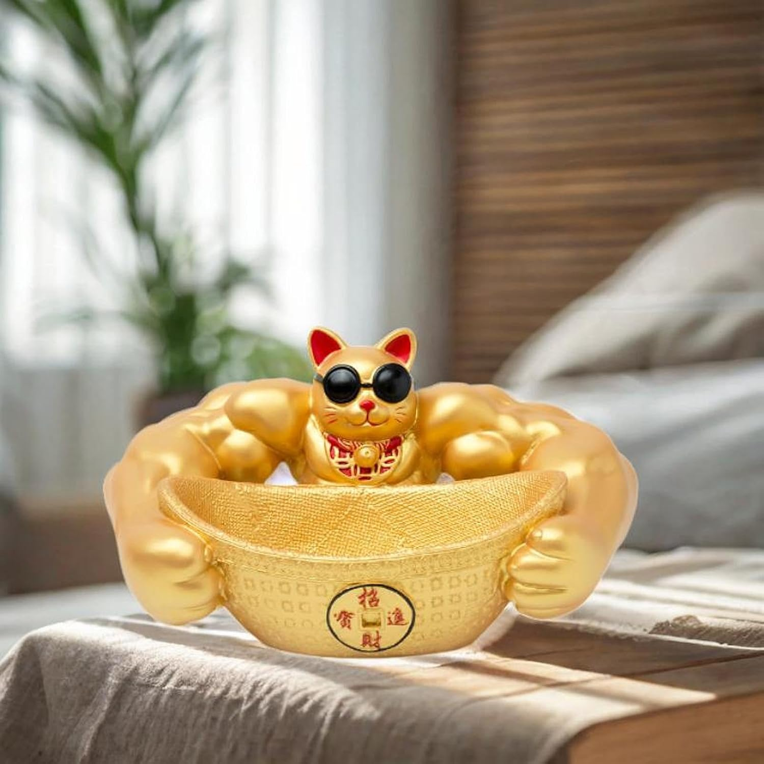 Generic Muscle Arm Cat Figure, Feng Shui Animal Statue, Lucky Cat Storage Box for Bookshelf