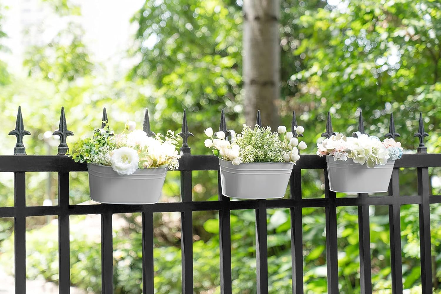 Metal Iron Hanging Flower Pots for Railing Fence Outdoor Planter - 3 Pcs Countryside Style Window Flower Plant Holder with Removable Hooks for Home Decor (Grey)