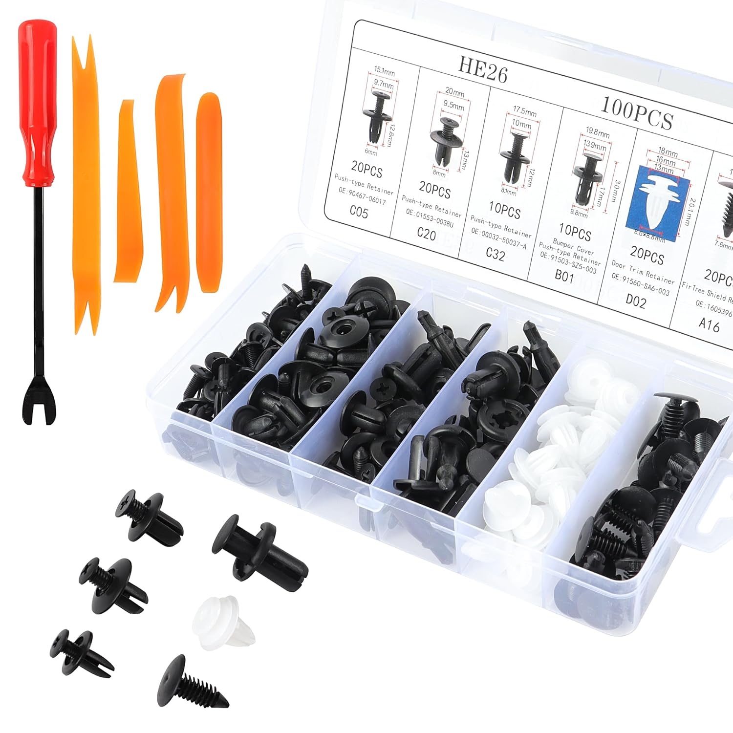 JUNART Universal Car Fastener Kit with 100 Plastic Rivets and 5 Removal Tool,Suitable for the Repair and Shaping of Most Cars. image number 1