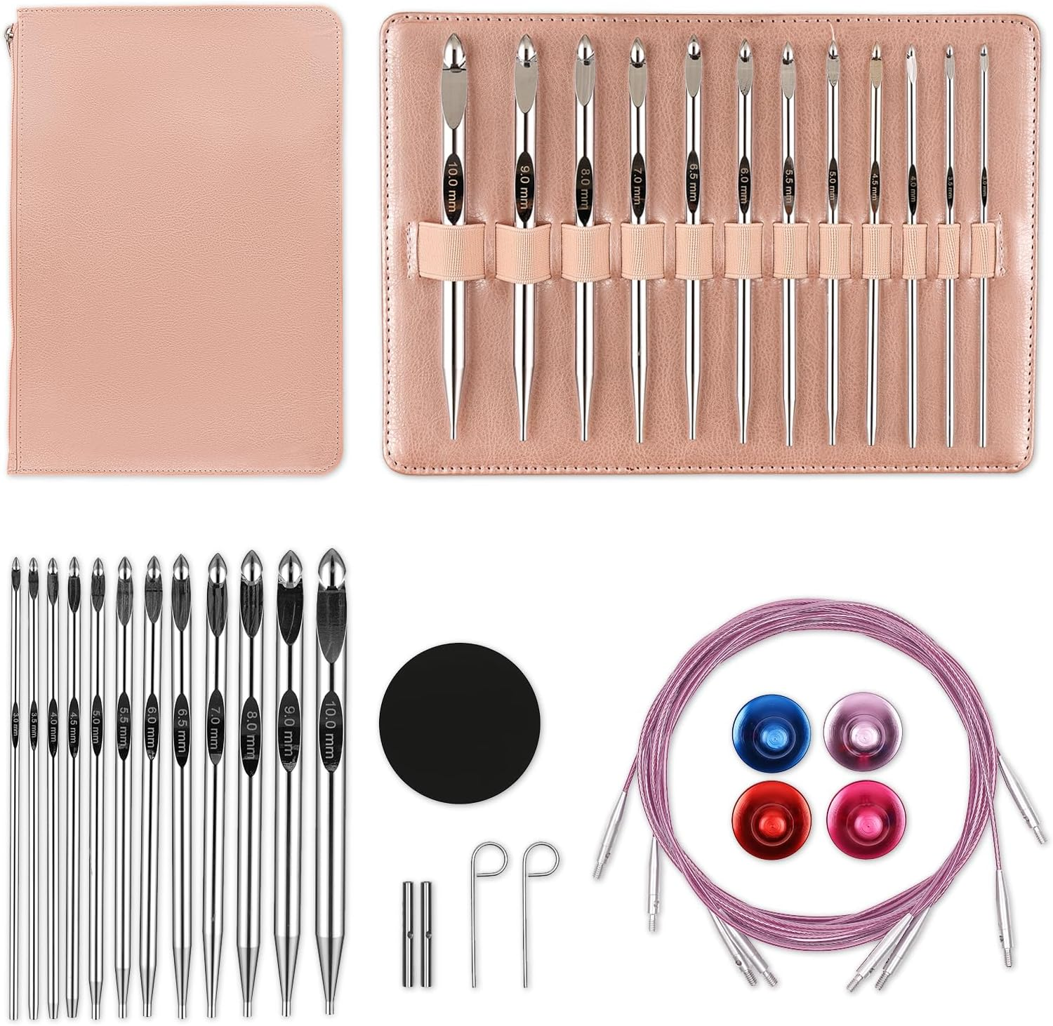 Tunisian Crochet Hooks Set with Cable 6-Inch Aluminum Interchangeable Crochet Hooks Set 3Mm-10Mm Long Crochet Hooks 26Pic (Pink)