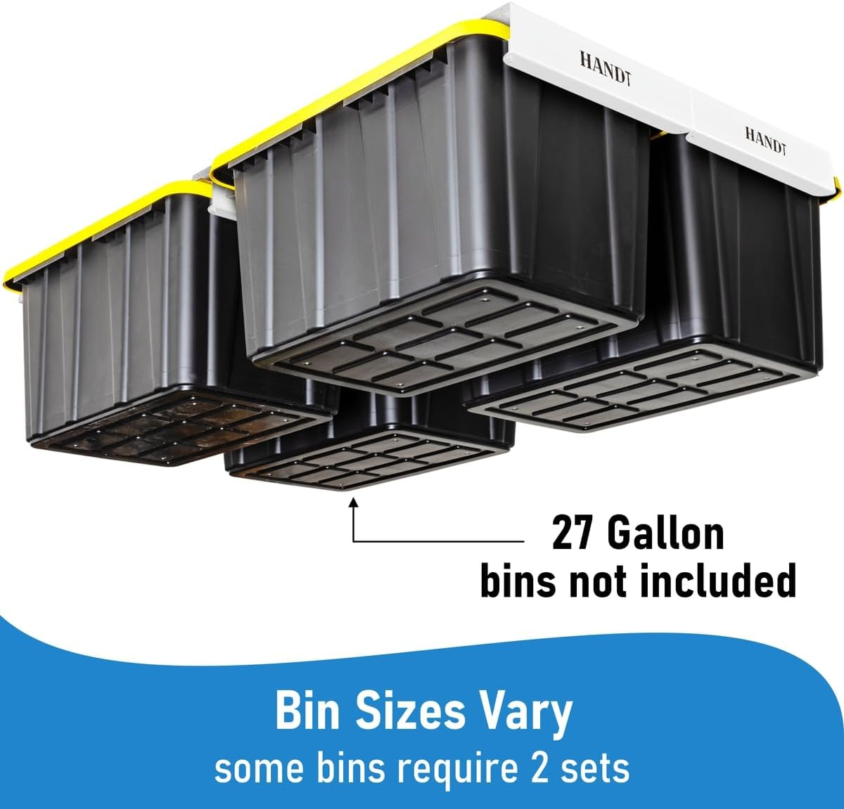 HANDT Overhead Garage Storage Rack, Ceiling Tote Bin Organization Rails Shelving Racks System, Heavy Duty Hanging Metal Rack Systems for 27 Gallon Container, Supports Most Other Bins, 4 Sets White image number 6