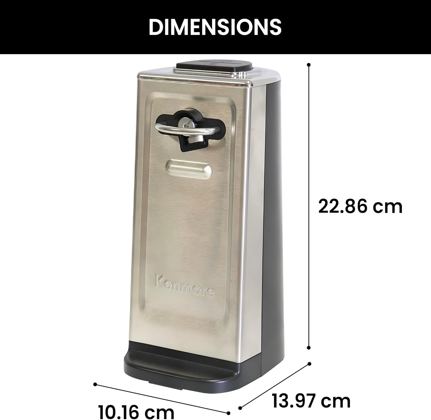 Kenmore Electric Can Opener - Extra-Tall, Smooth-Touch Side-Cut Blade, Safe Storage, Automatic Operation, Opens Regular & Pop-Top Cans, Black Steel Steel Camping Tool, Kitchen Gadget, Secure Grips image number 4