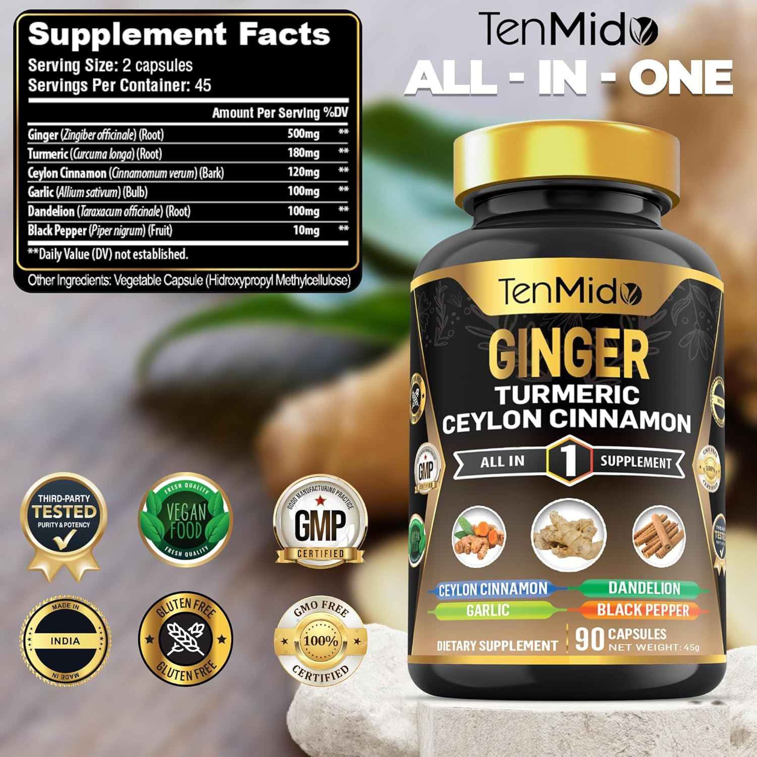 Tenmido Ginger & Turmeric Supplements - 6In1 with Ceylon Cinnamon, Garlic, Dandelion and Black Pepper - Digestive Health - 90 Vegan & Non-Gmo Capsules
