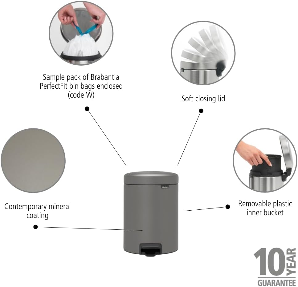 Brabantia New Icon Step Trash Can (1.3 Gal/Mineral Concrete Gray) Soft Closing Kitchen Garbage/Recycling Can with Removable Bucket image number 4