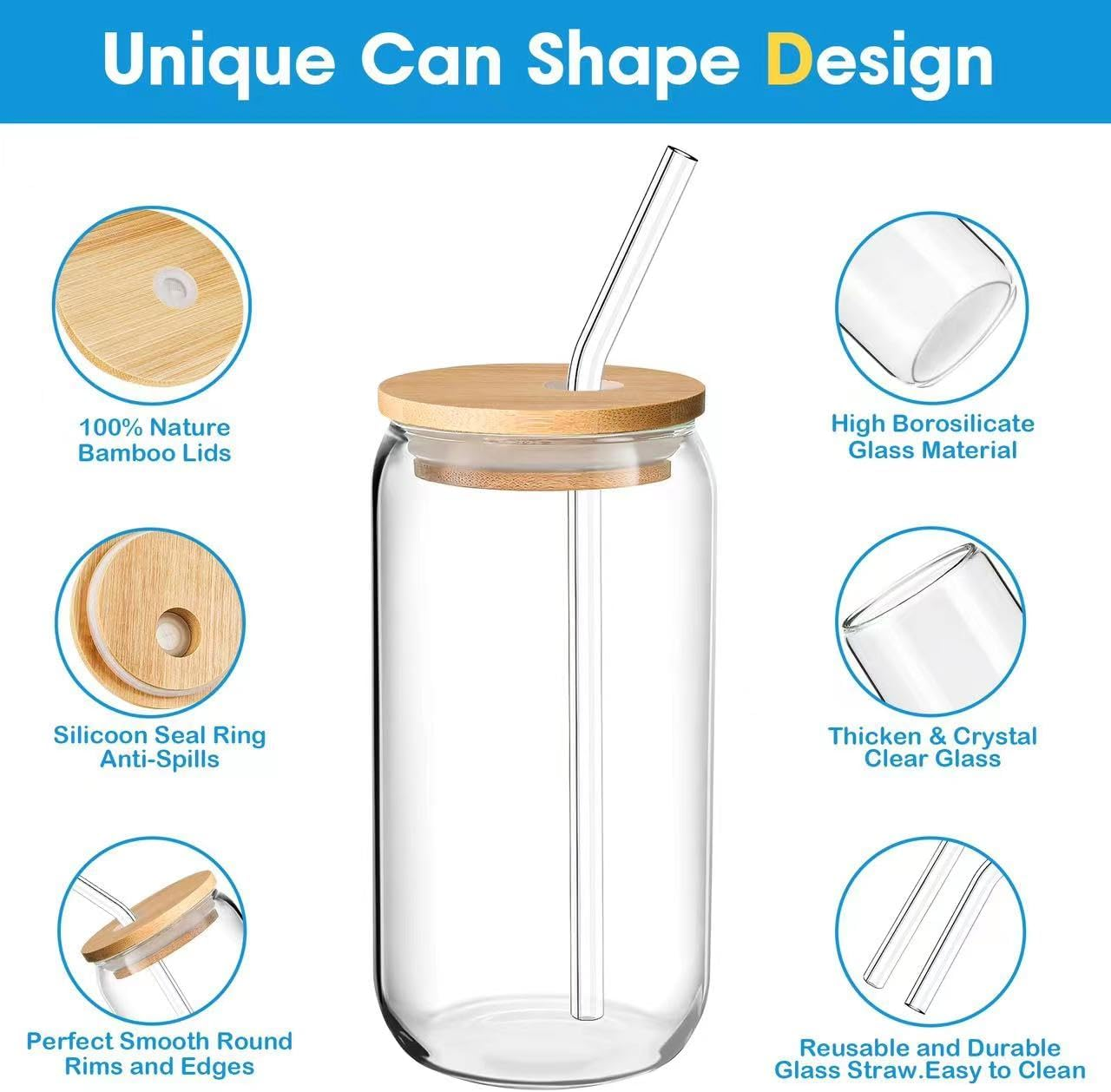 Drinking Glasses with Bamboo Lids and Glass Straw, 16Oz Can Shaped Glass Cups, Beer Can Glasses, Iced Coffee Cups, Glass Tumbler with Straw, for Cocktail, Whiskey, Gift - Clear Glass Cup Set(12 Pack) image number 2