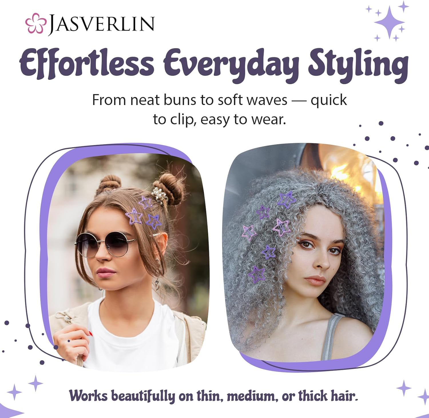 JASVERLIN 36 Pcs Star Hair Clips, Y2K Cute Snap Barrettes for Women Thin Thick Hair, Colorful Kawaii Girls Rave Accessories Glitter Non Slip Metal Hairclips Assorted Sizes (Purple) image number 2