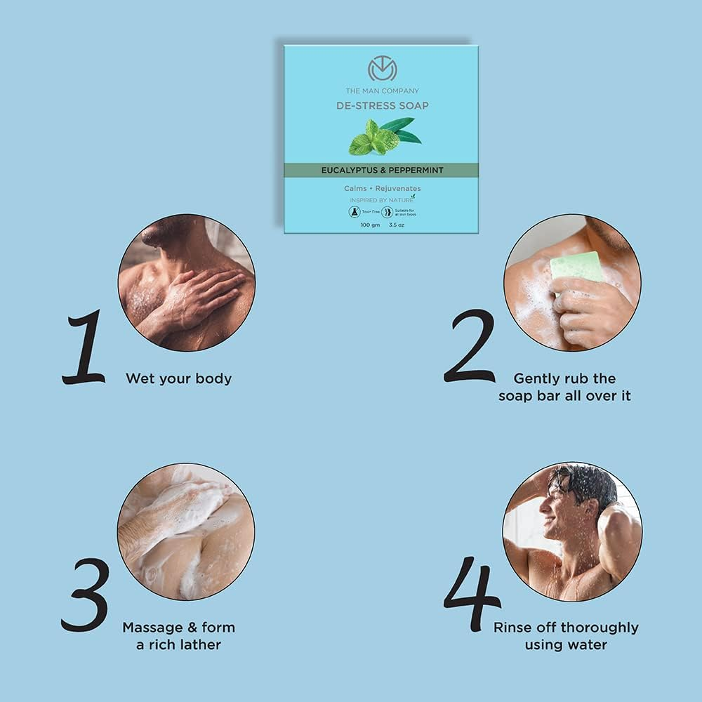 The Man Company Refreshing De-Stress Soap Bar 100Gm, Premium Long-Lasting Freshness, Eucalyptus & Peppermint, Calms & Rejuvenates, Cooling Effect, All Skin Types, Pack of 4 image number 4