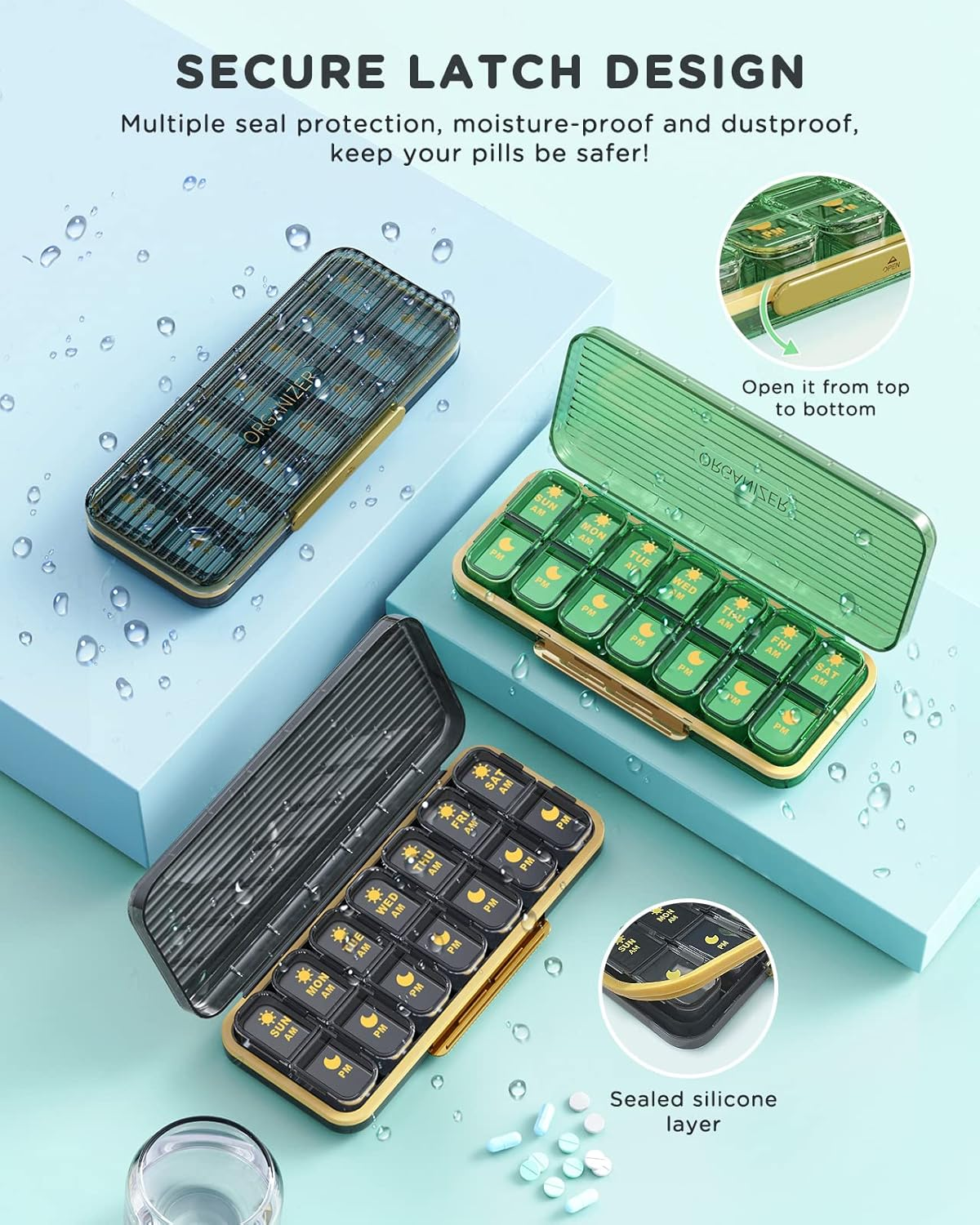 Acedada AM/PM Pill Organizer 7 Day, Pill Box 2 Times a Day - Weekly Pill Organizer Twice a Day with Large Compartment, Portable Daily Medicine Container Case for Vitamin, Fish Oils, Supplements, Blue - Clear,Green image number 7