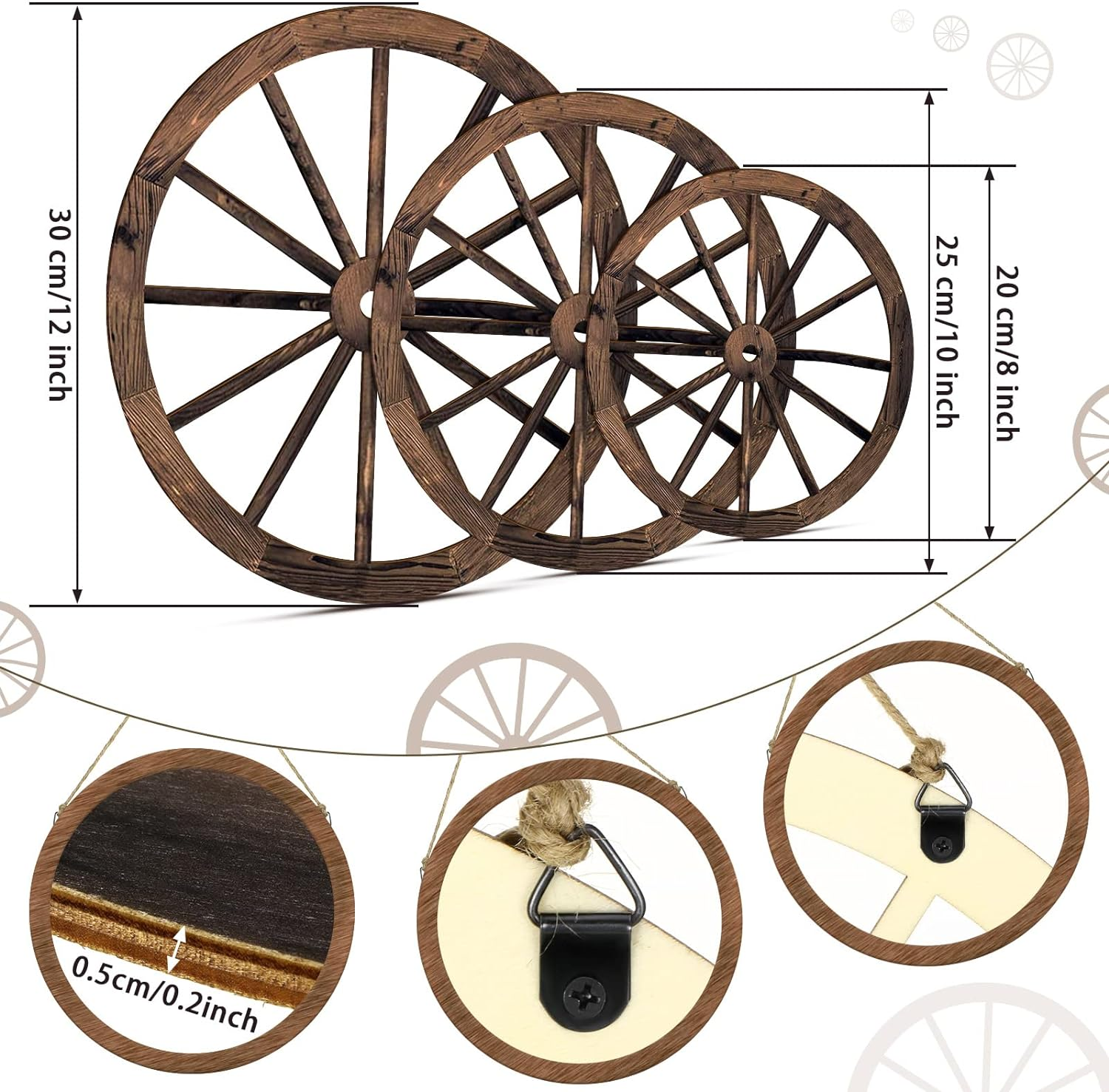 Qunclay 3 Pcs Wooden Wagon Wheel Decor 12/10/8 Inch Old Western Wall Decor Farmhouse Wagon Wheels Rustic Yard Hanging Decorative Art for Garden Home Bar Garage(Dark Brown) image number 2