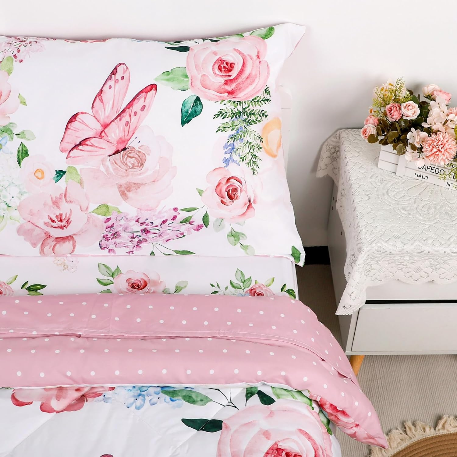 4 Piece Toddler Bedding Set for Girls, Butterfly Toddler Comforter Set, Ultra Soft Toddler Bed Set Includes Comforter, Flat Sheet, Fitted Sheet, Pillowcase (Pink Floral & Butterfly Pattern) image number 2