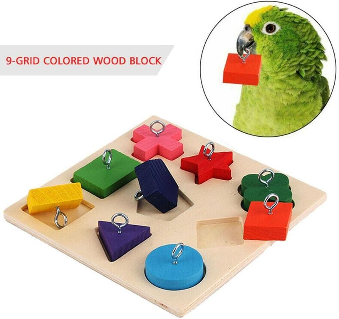 AIMALL Parrot Training Toy 9 Clocks Wooden Colour Blocks 5.9In &times; 5.9In Educational Bird Chew Toy DIY Metal Accessories for Parrot Intelligence and Play image number 3